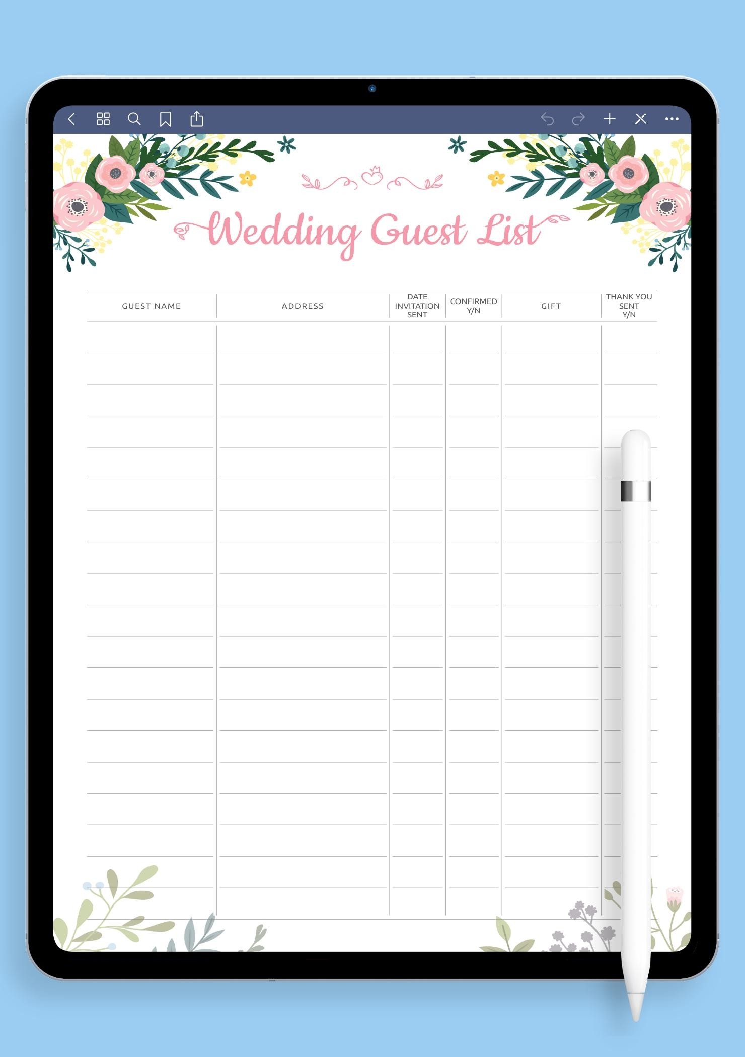 Download Printable Wedding Guest List Template With Floral Pattern PDF