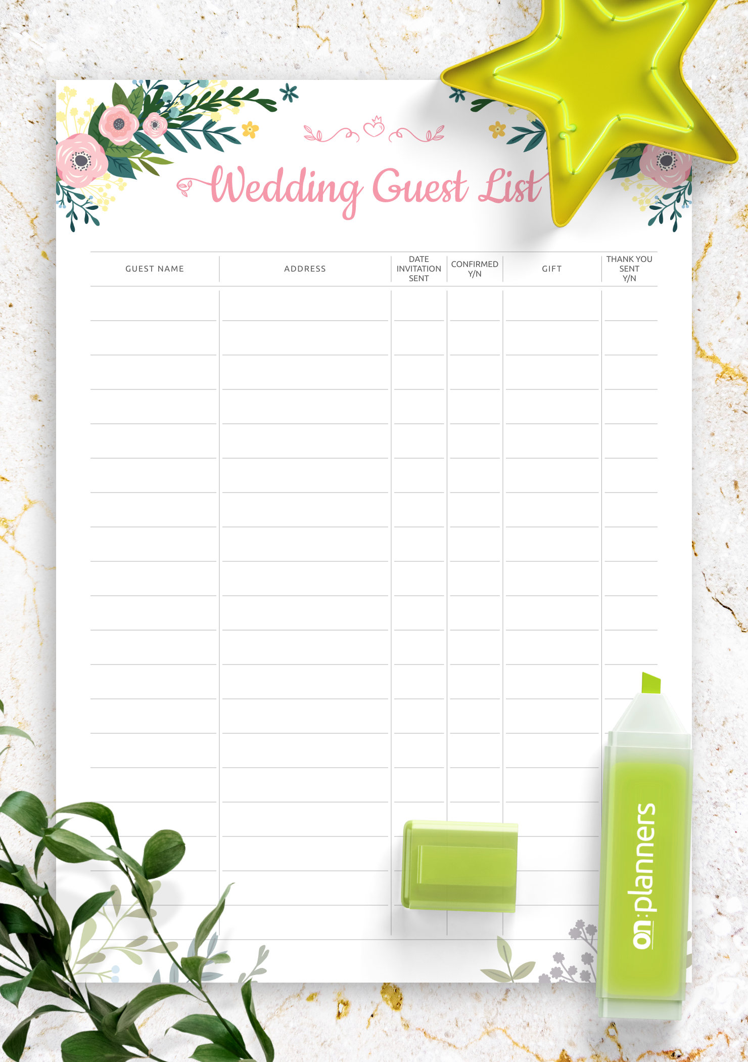 Printable Wedding Guest List Template