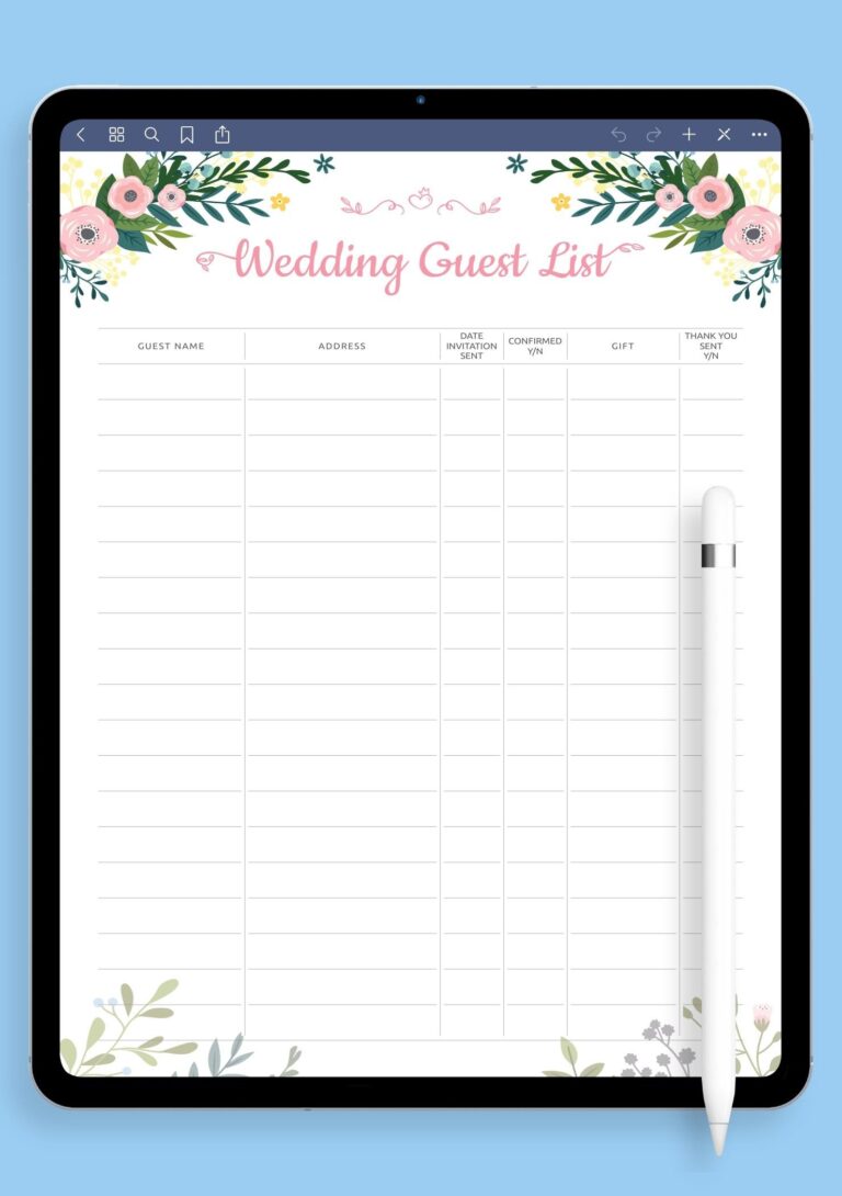 Download Printable Wedding Guest List Template With Floral Pattern PDF