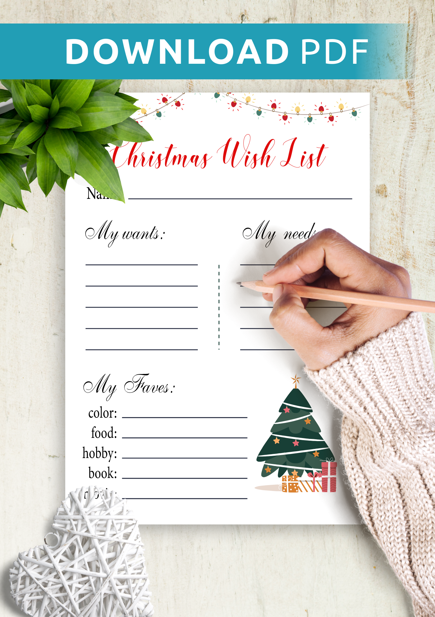 Download Printable White Christmas Wish List Template PDF