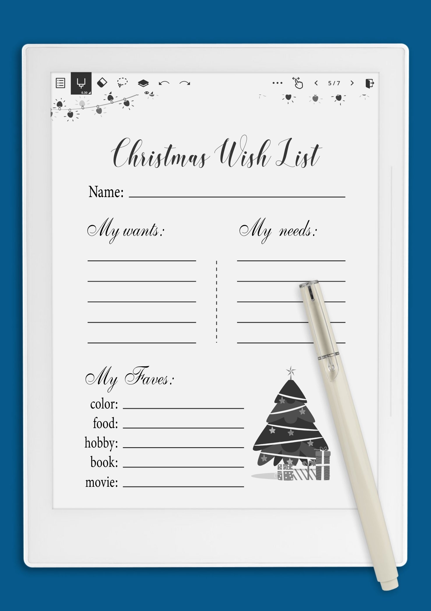 Download Printable White Christmas Wish List Template PDF