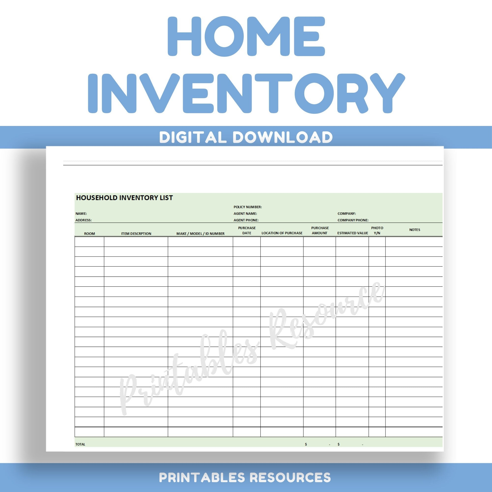 Editable Inventory List Printable House Inventory List Spreadsheet Inventory Log Inventory Sheet Home Inventory Tracker Spreadsheet Temp Etsy