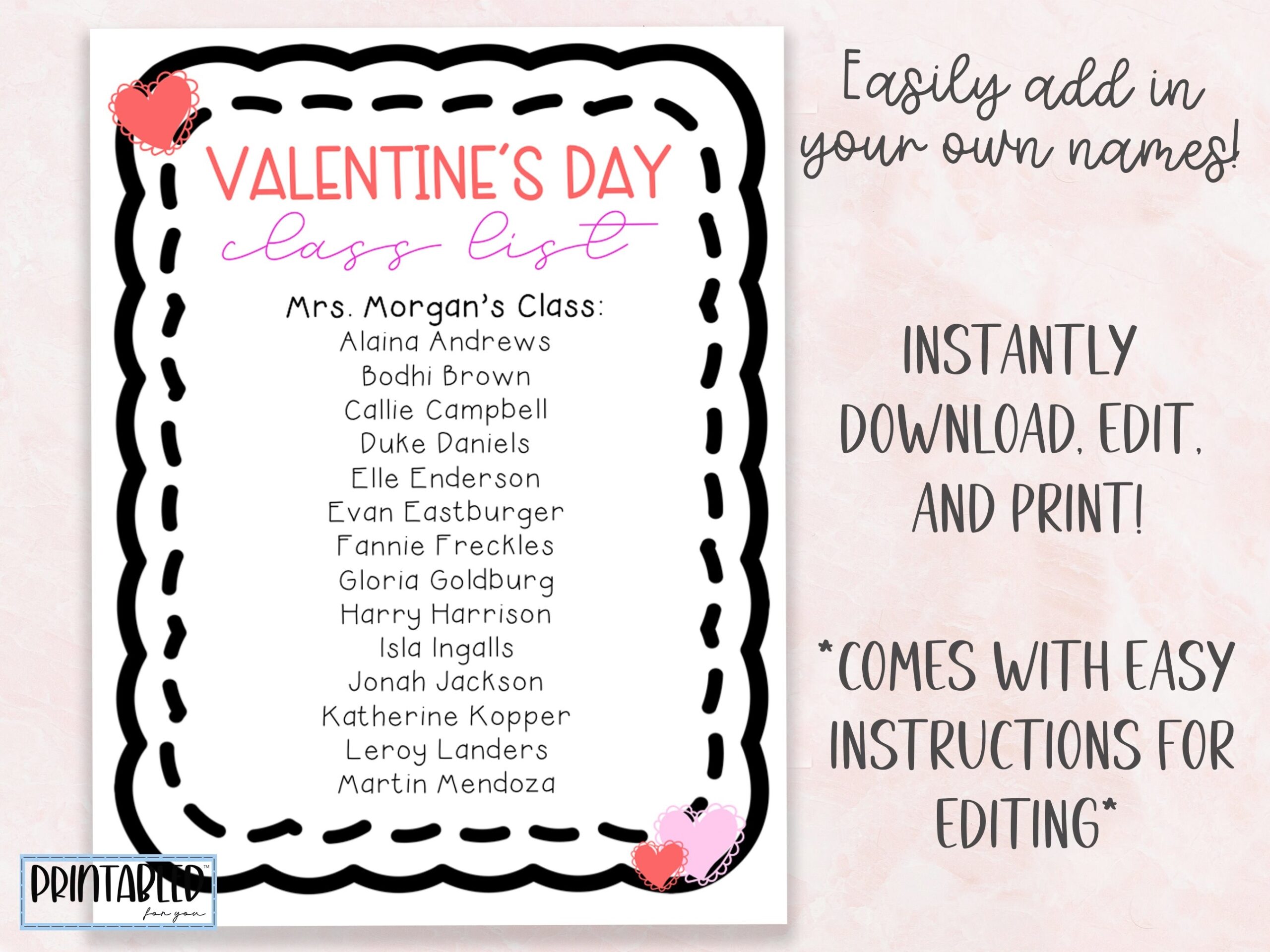 Editable Valentine s Day Class List Instant Download And Printable