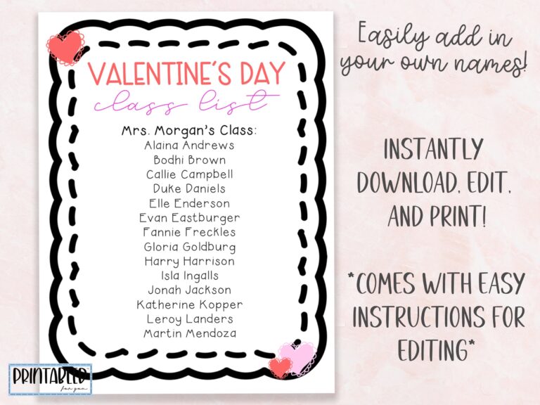 Editable Valentine s Day Class List Instant Download And Printable Etsy