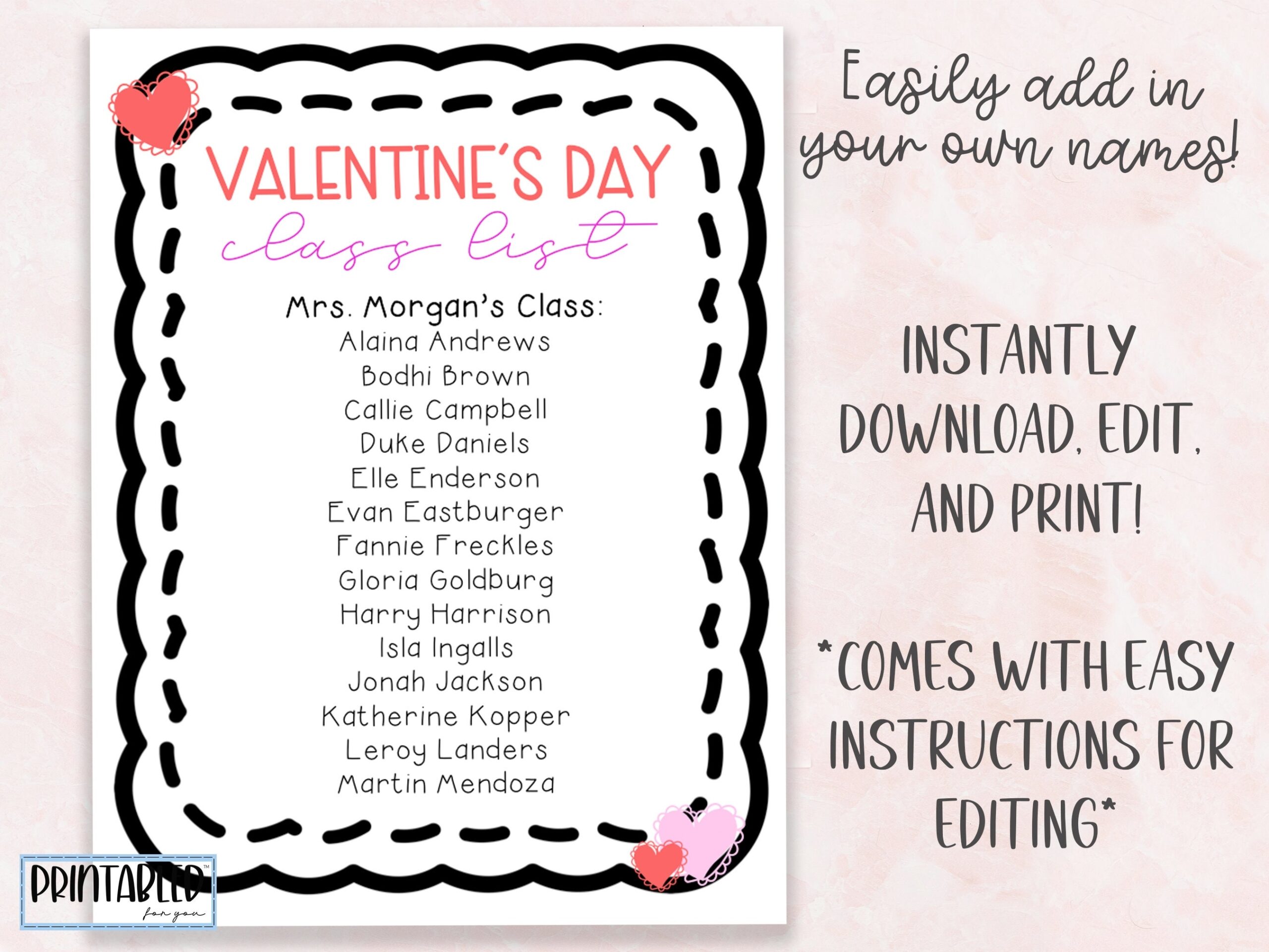 Editable Valentine s Day Class List Instant Download And Printable Etsy