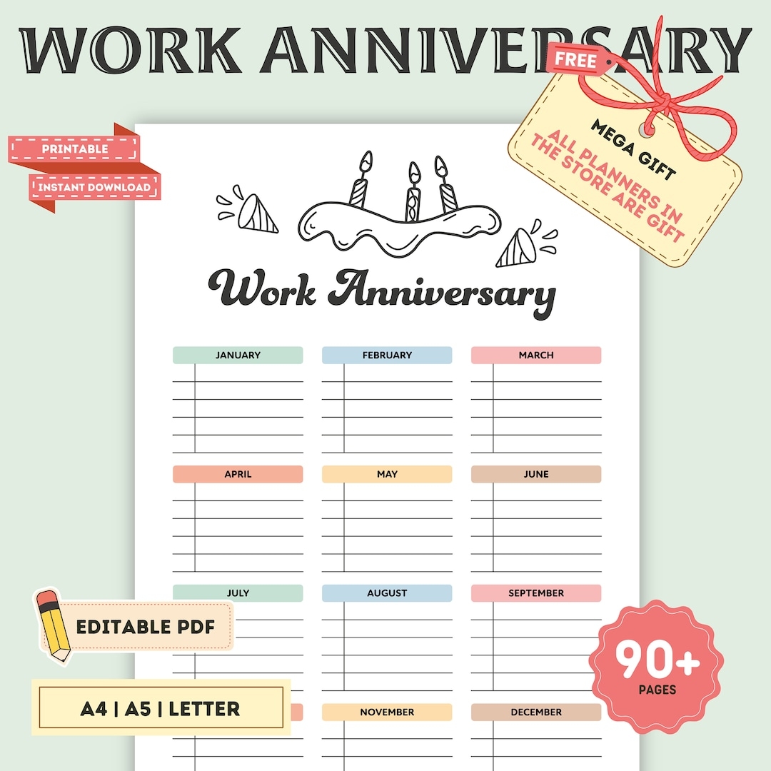 Editable Work Anniversary Tracker Printable Employee Chart Anniversary Calendar Work Anniversary List Digital Etsy
