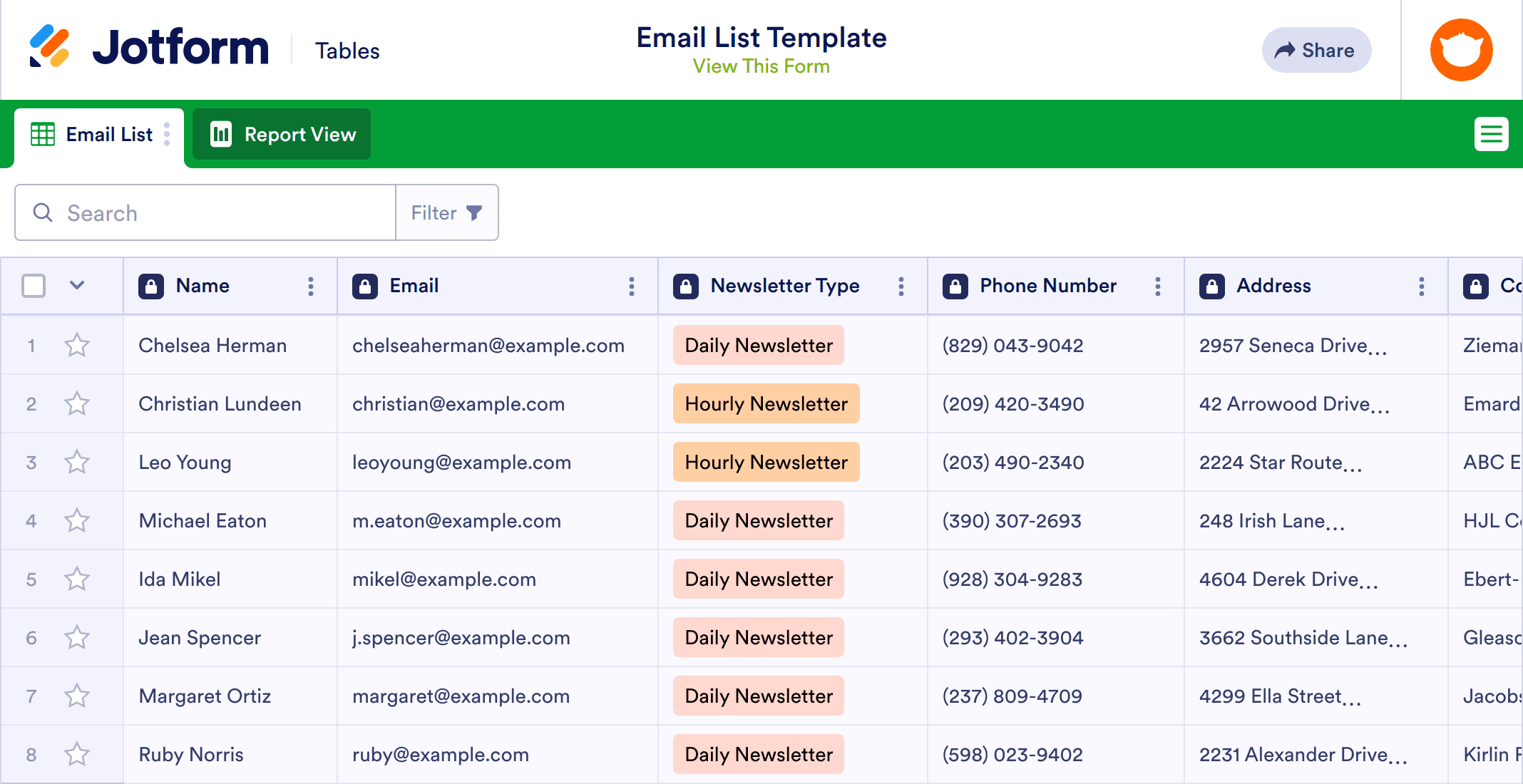 Email List Template Jotform Tables