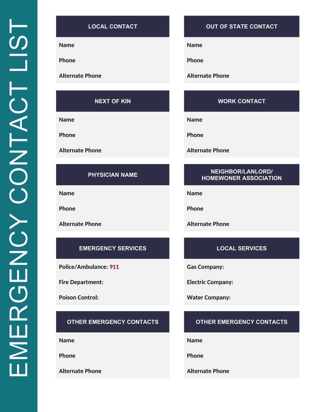 Emergency Phone Numbers List Template