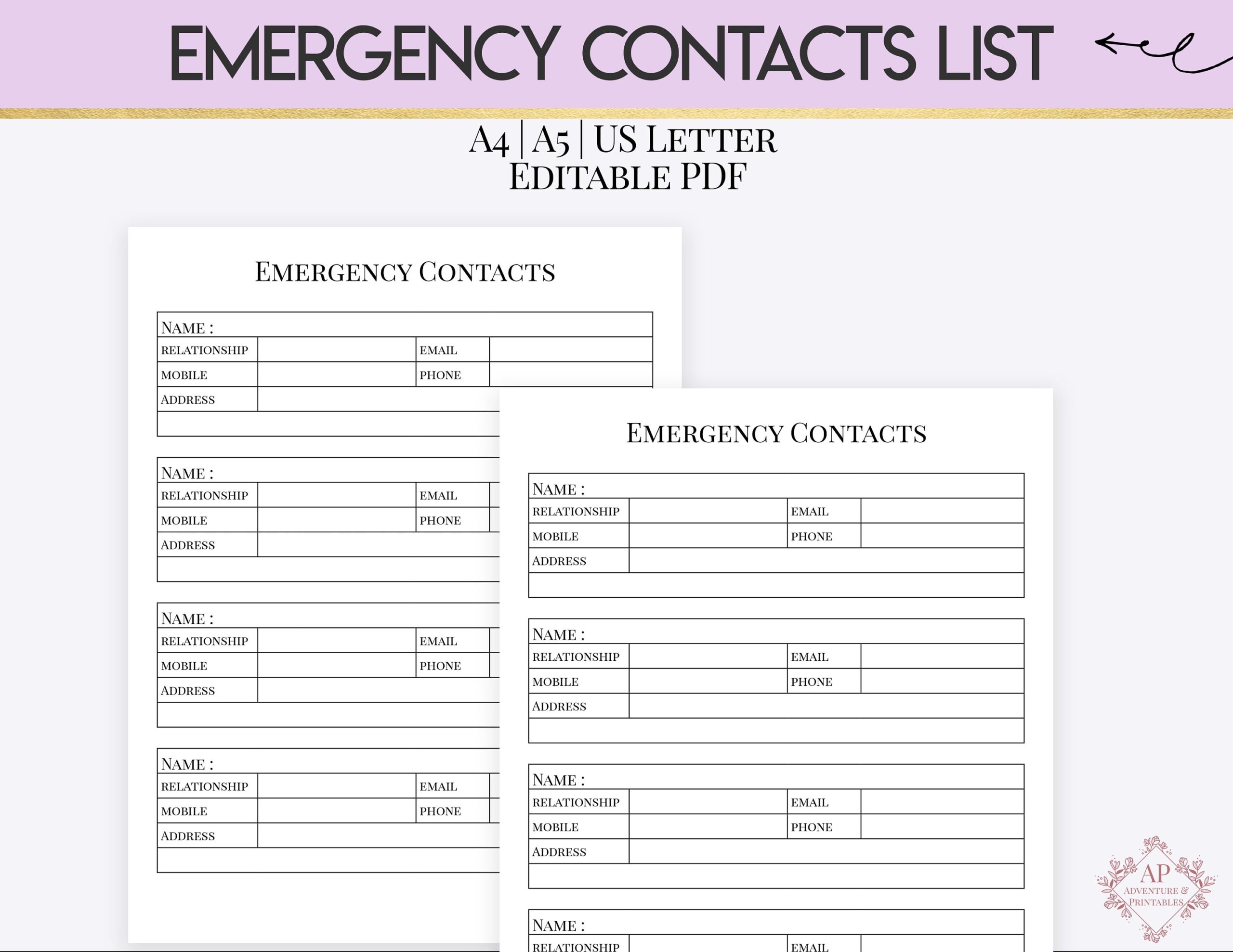 Emergency Contacts List Editable Emergency Information List Etsy