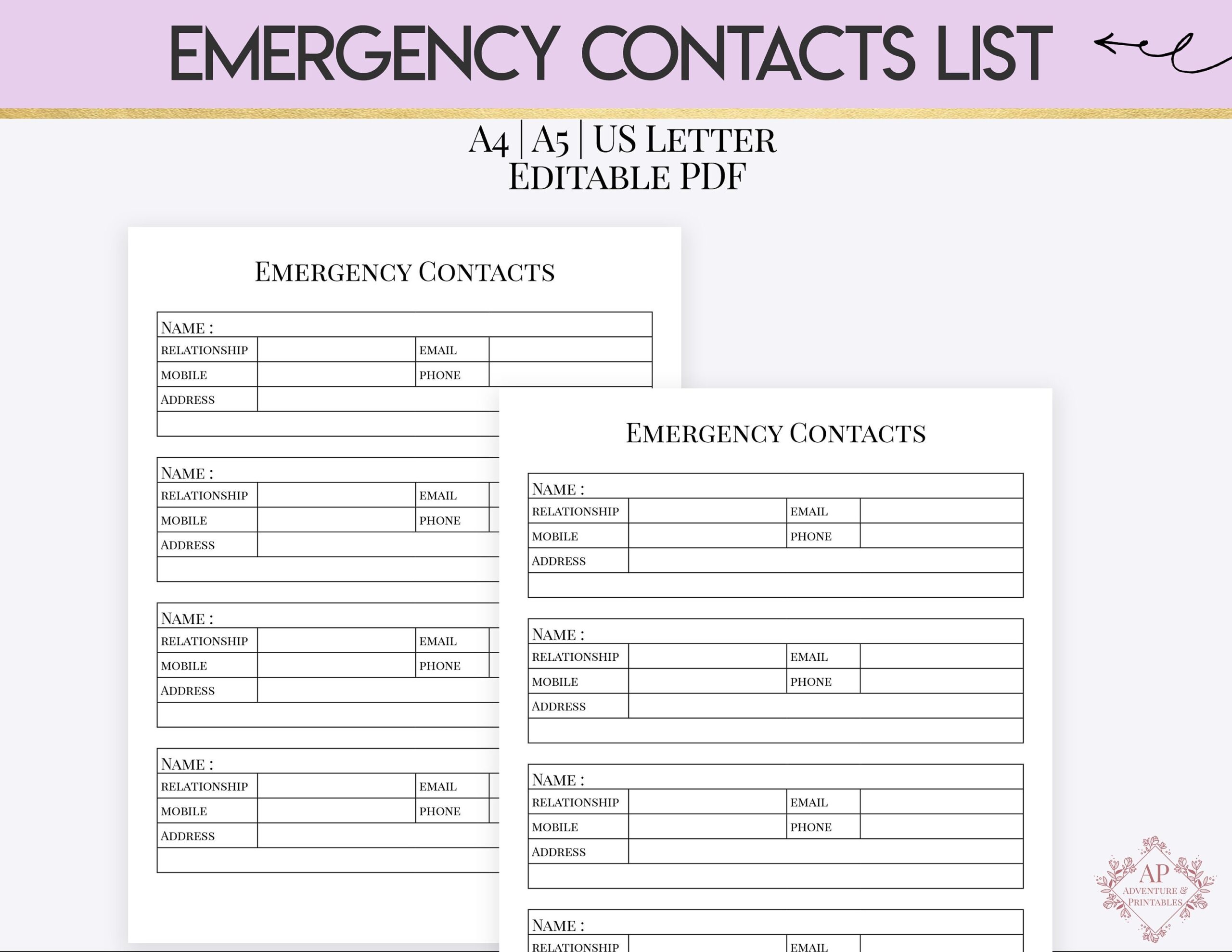 Emergency Contacts List Editable Emergency Information List Etsy