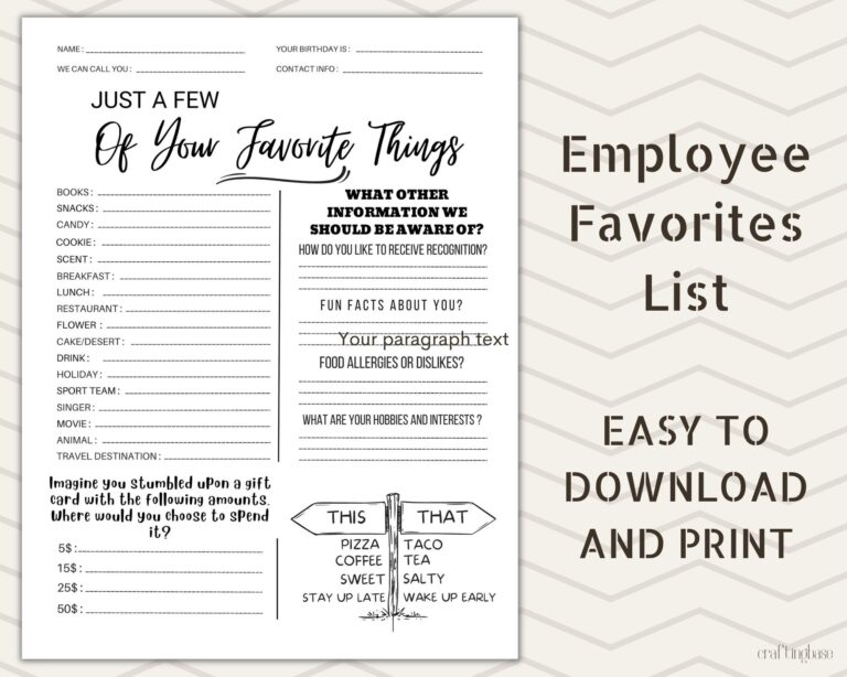 Employee Favorites List Employee Wishlist Printable Employee Favorites List PDF For Office Use Get To Know Your Team Better Etsy