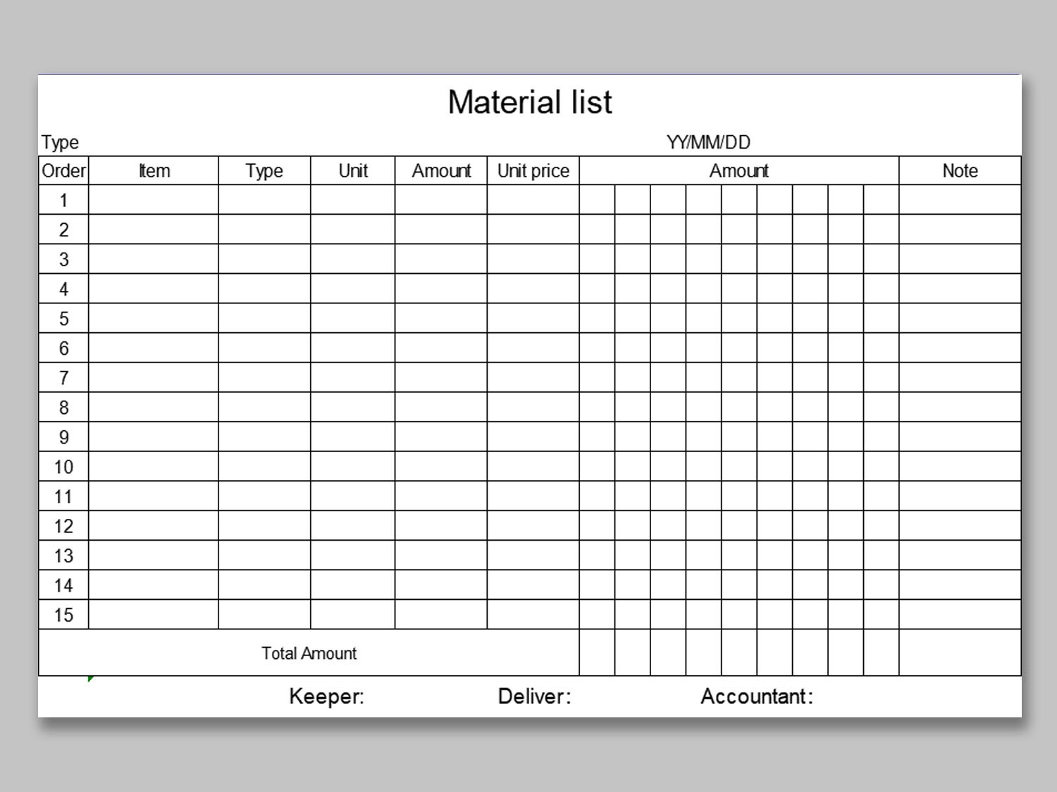 EXCEL Of Material List xlsx WPS Free Templates