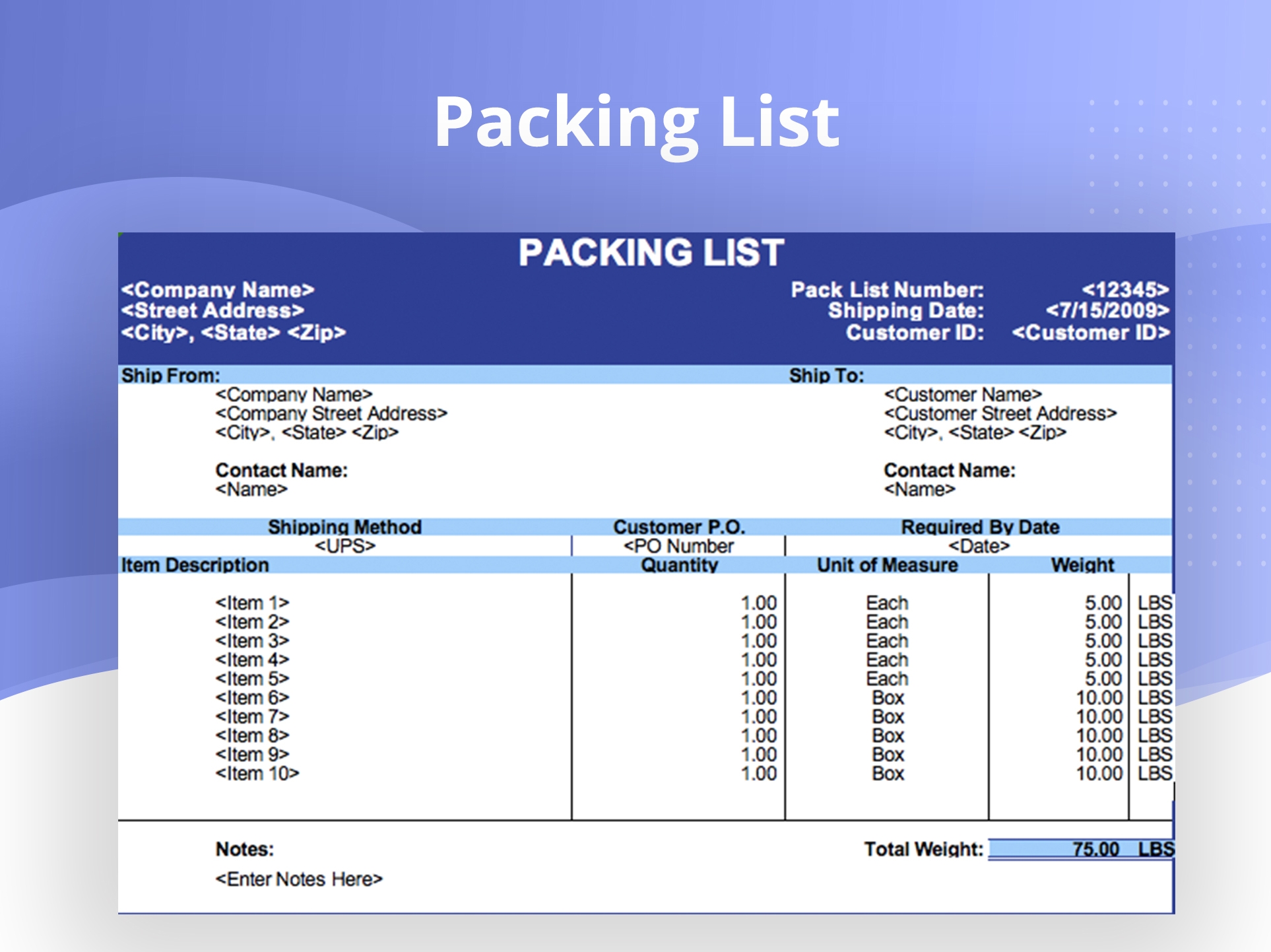Sample Packing List Template