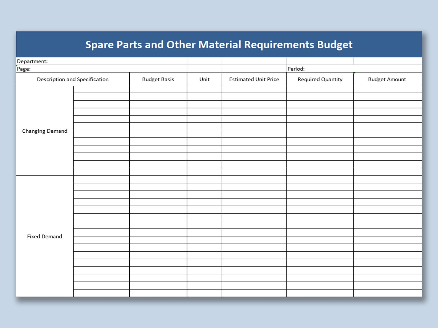 EXCEL Of Spare Parts And Other Material Requirements Budget xls 