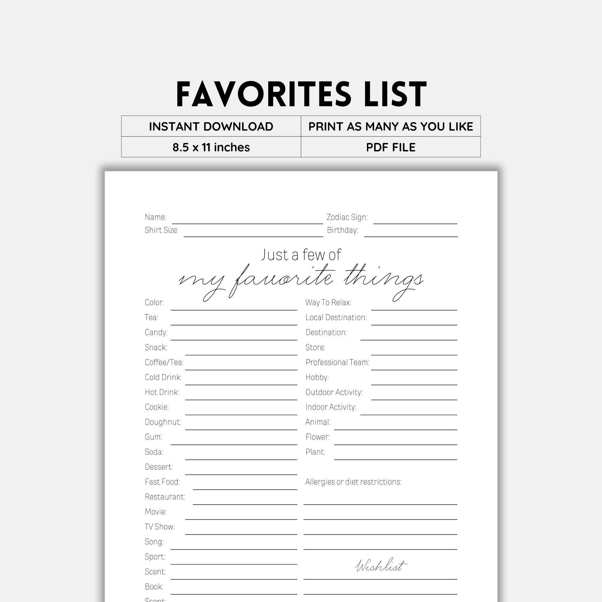 Favorite List Get To Know You Favorite Things My Favorite Things Favorite Things List My Favorites Favorites Survey Instant Download Etsy