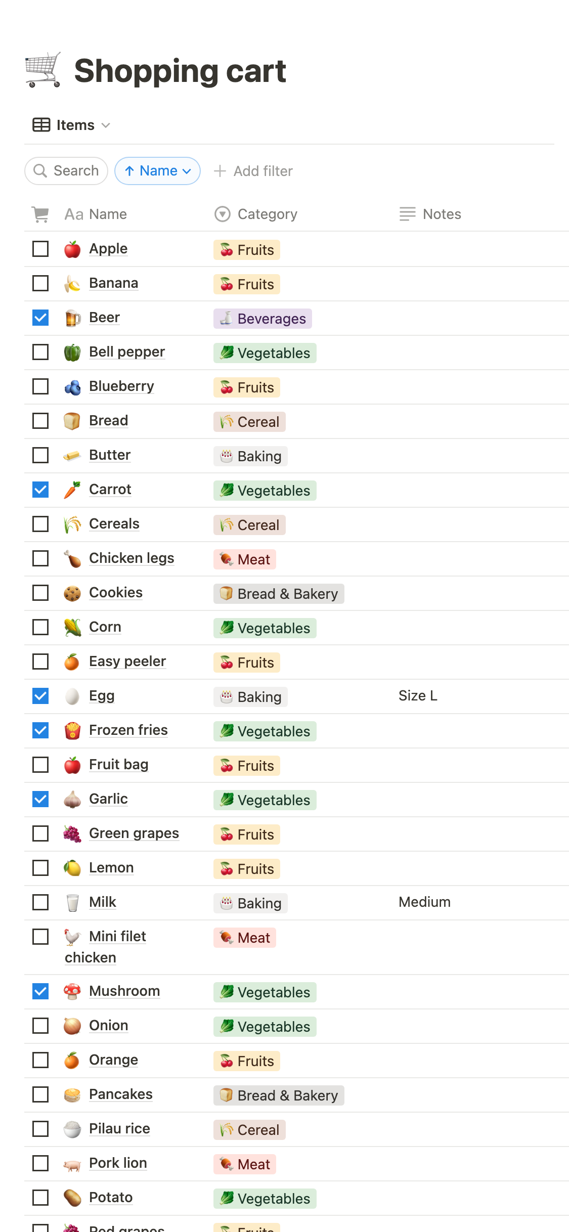 Notion Templates Shopping List