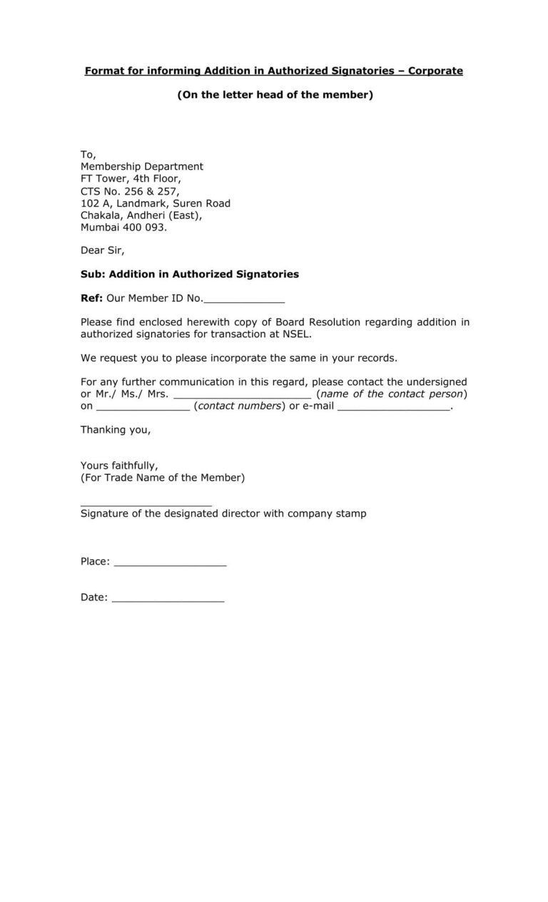Format For Informing Addition In Authorized Signatories Corporate 