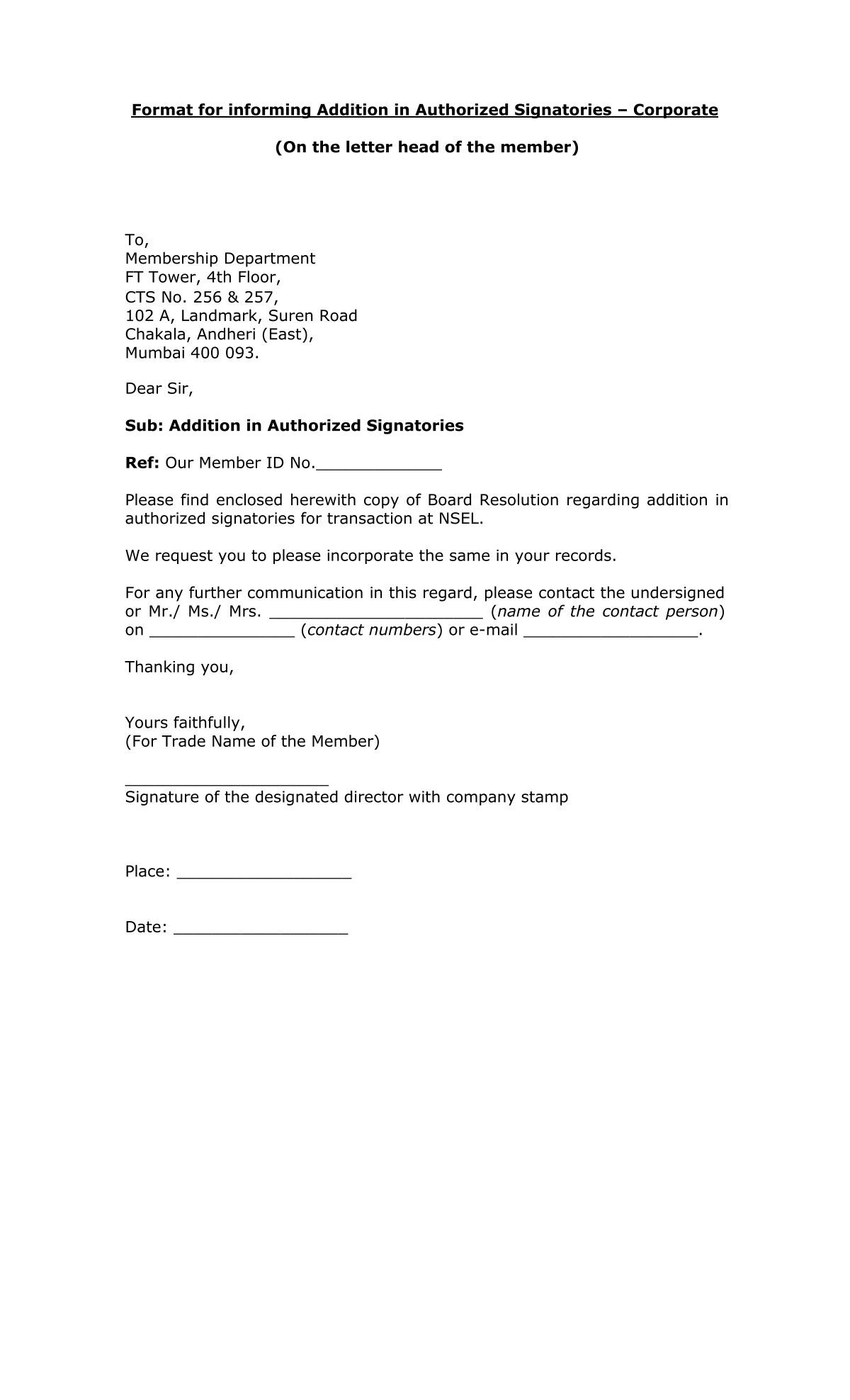 Format For Informing Addition In Authorized Signatories Corporate 