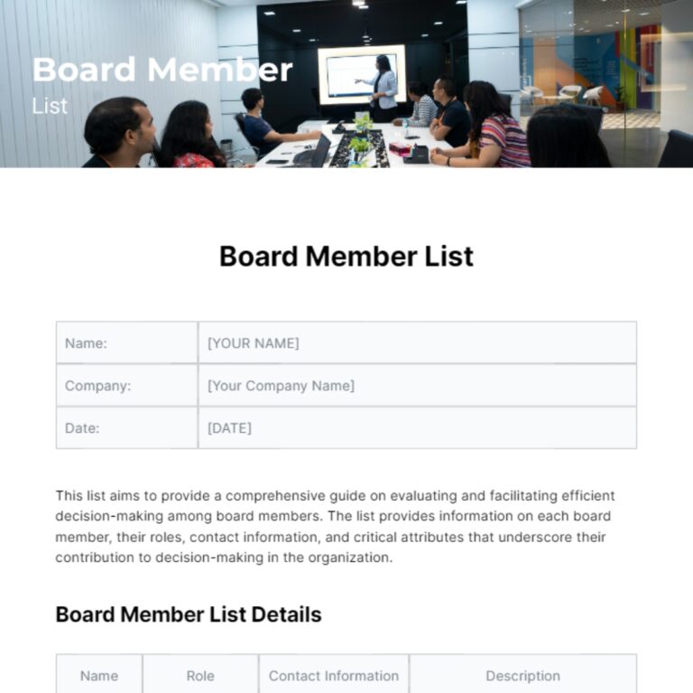 Free Board Member List Template To Edit Online