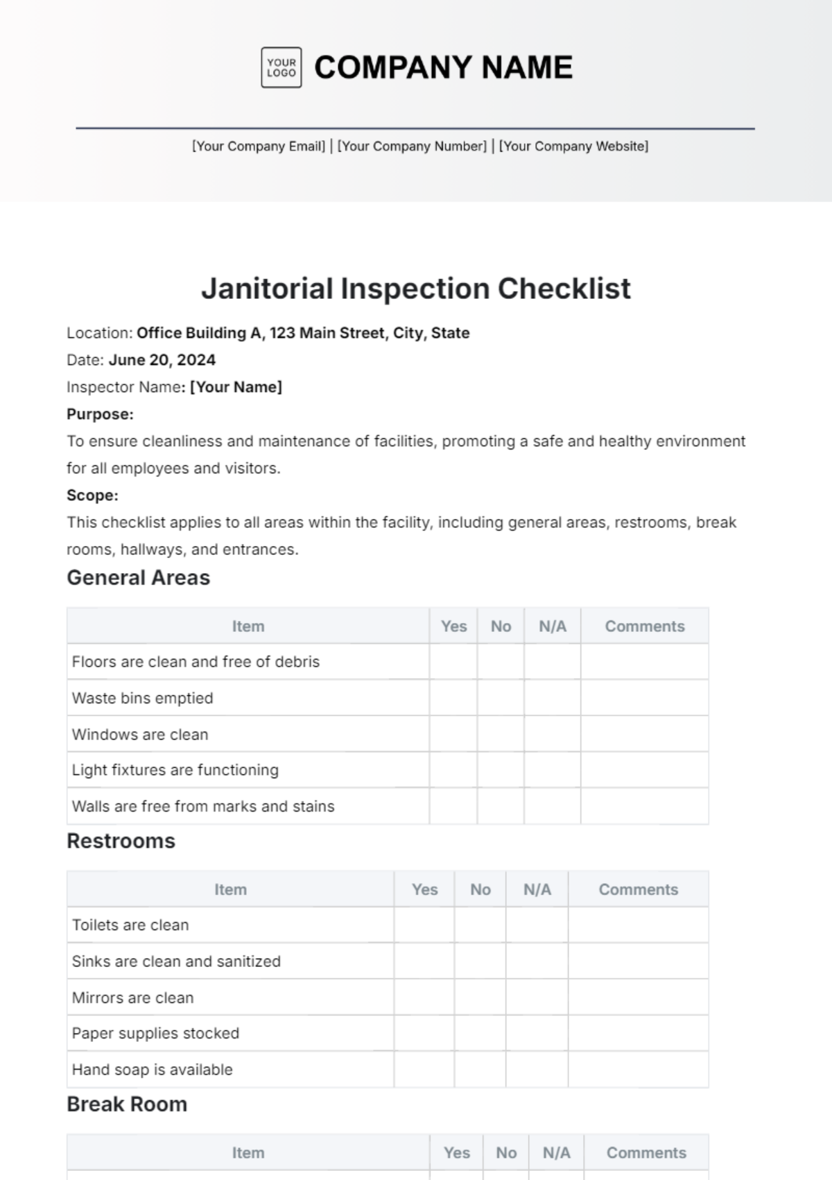 Free Printable School Janitorial Checklist Template