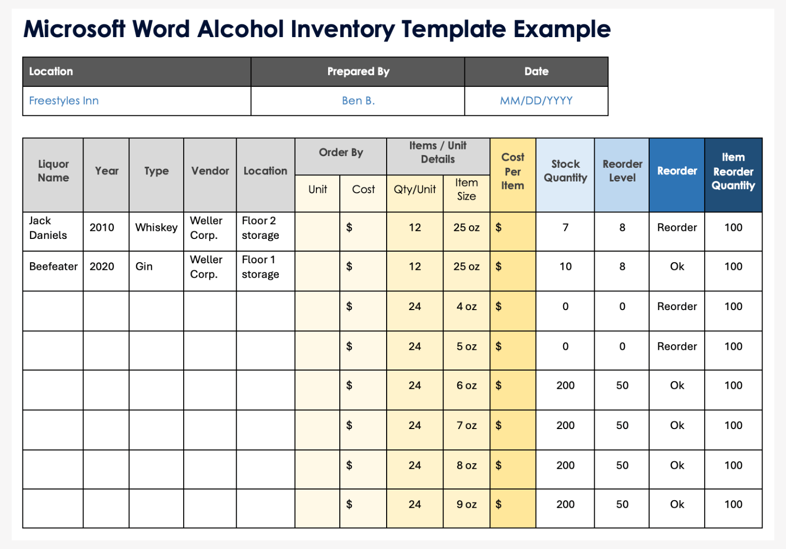 Inventory List Template Word