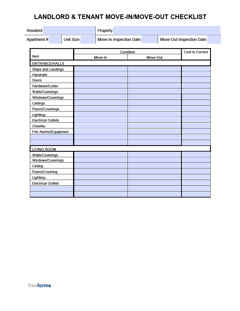 Free Move In Move Out Checklist For Landlord U0026 Tenant PDF Word