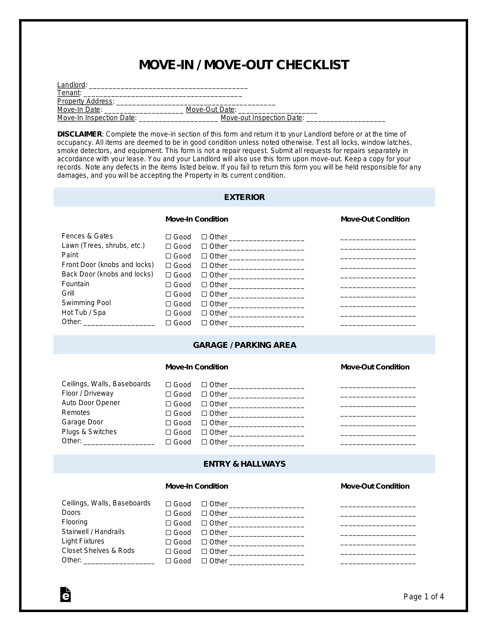 Free Move In Move Out Checklist Form Tenant PDF Word EForms