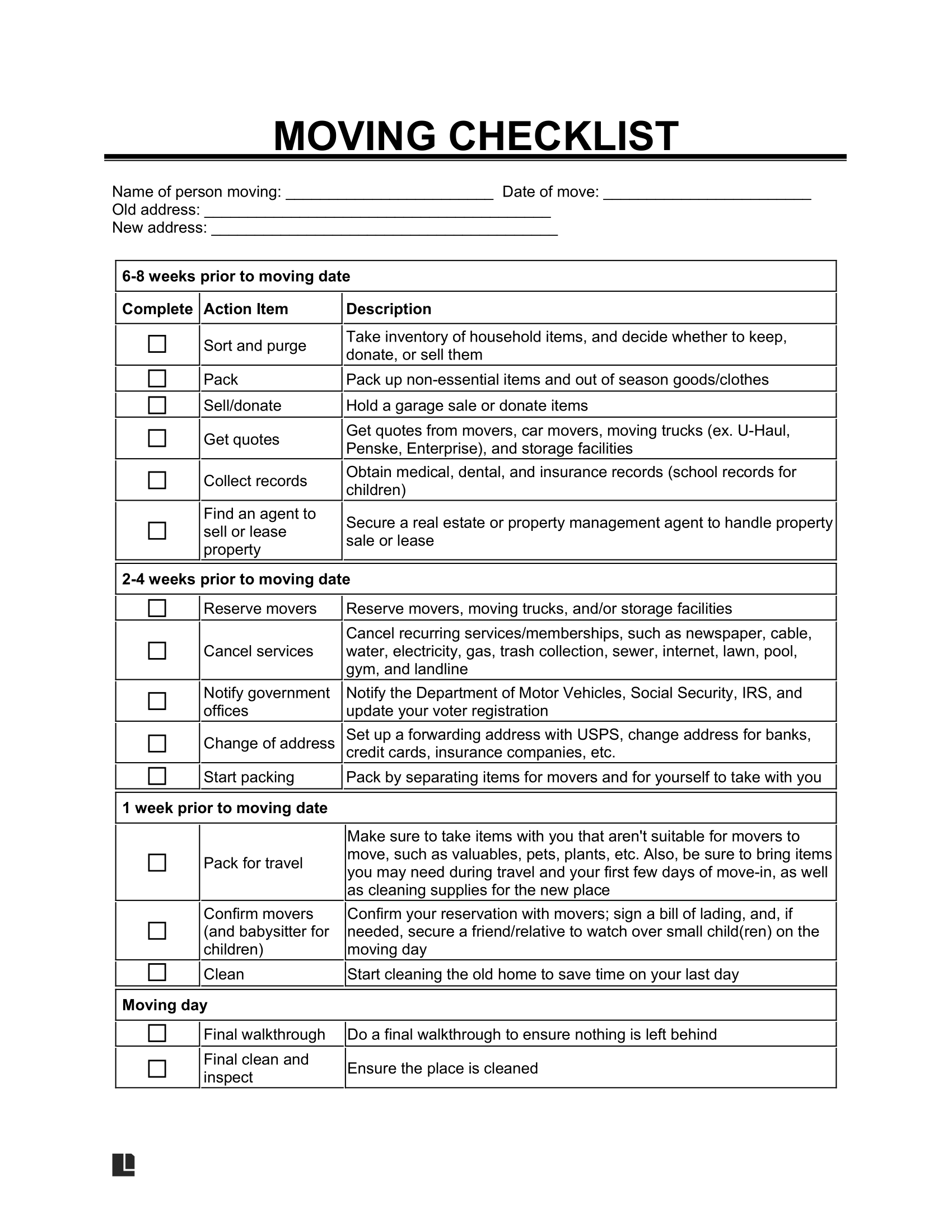 Free Moving Checklist Template PDF U0026 Word Free Moving Checklist Template PDF U0026 Word
