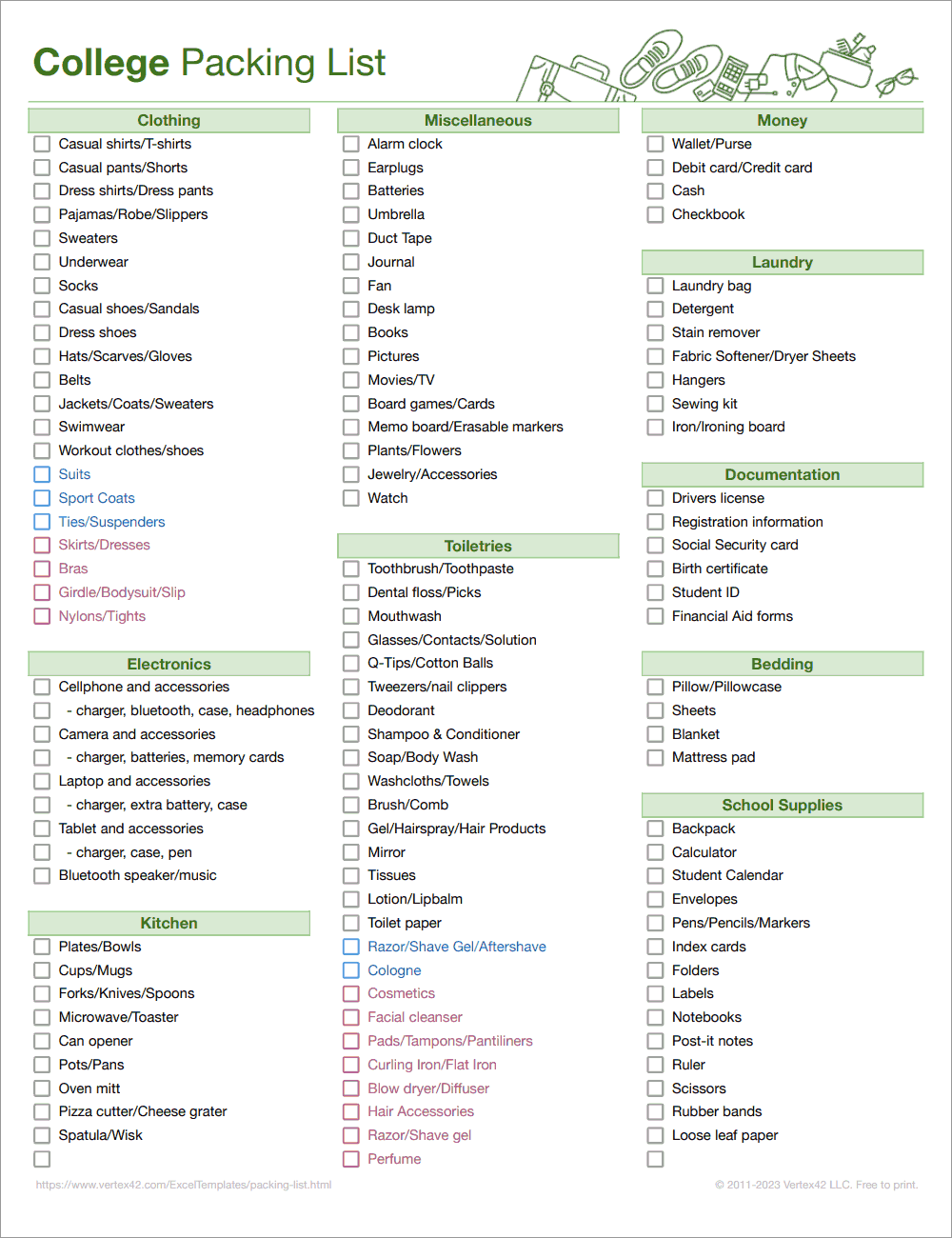 Free Packing List Template For Vacation Travel Or College