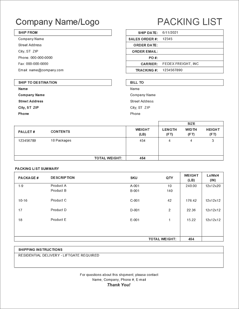 Free Packing Slip Template For Excel And Google Sheets