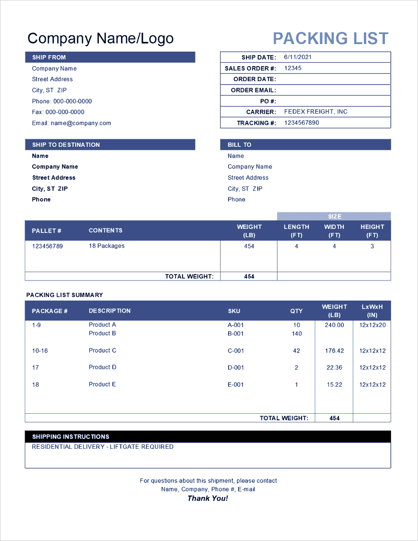 Free Printable Shipping Packing List Template