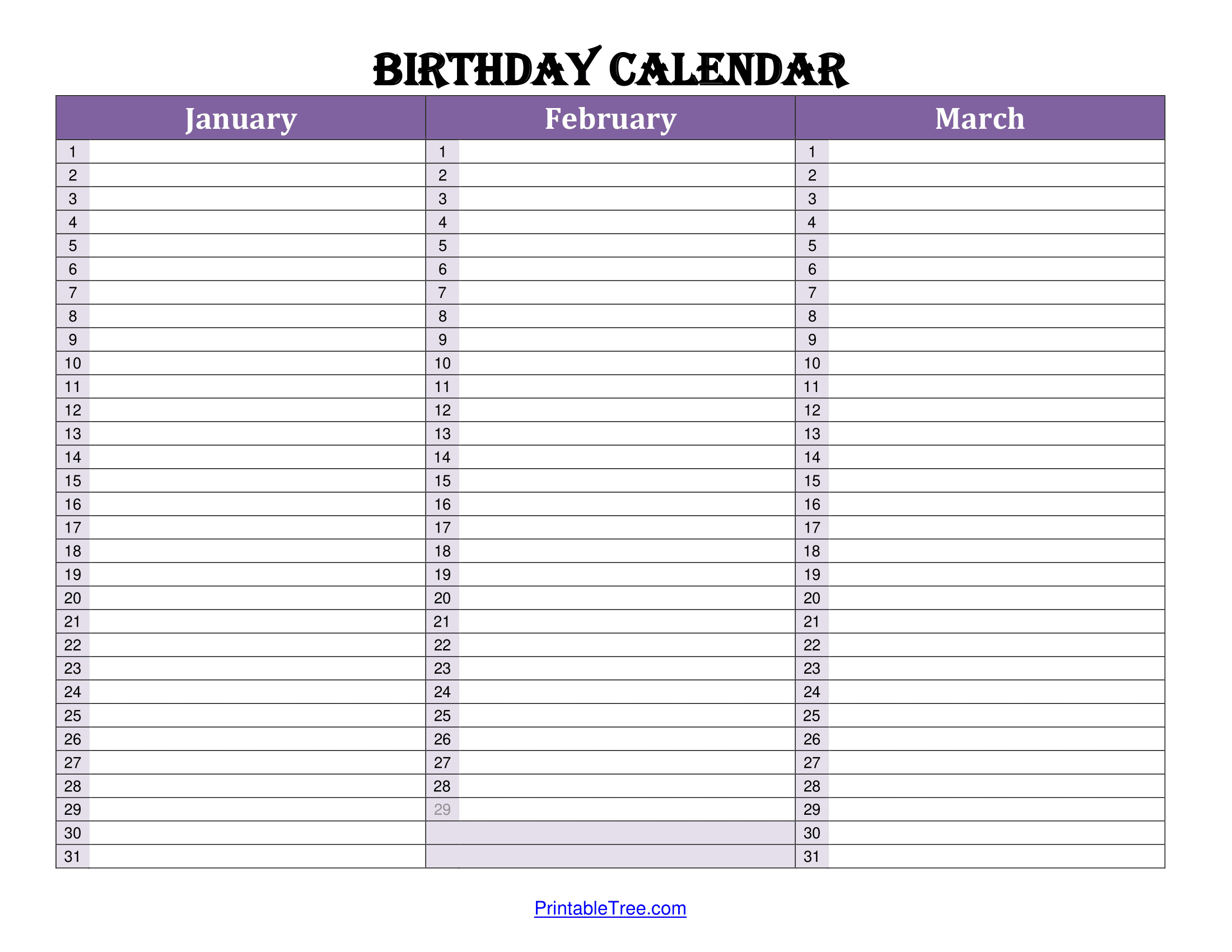 Birthday List Printable Template Free