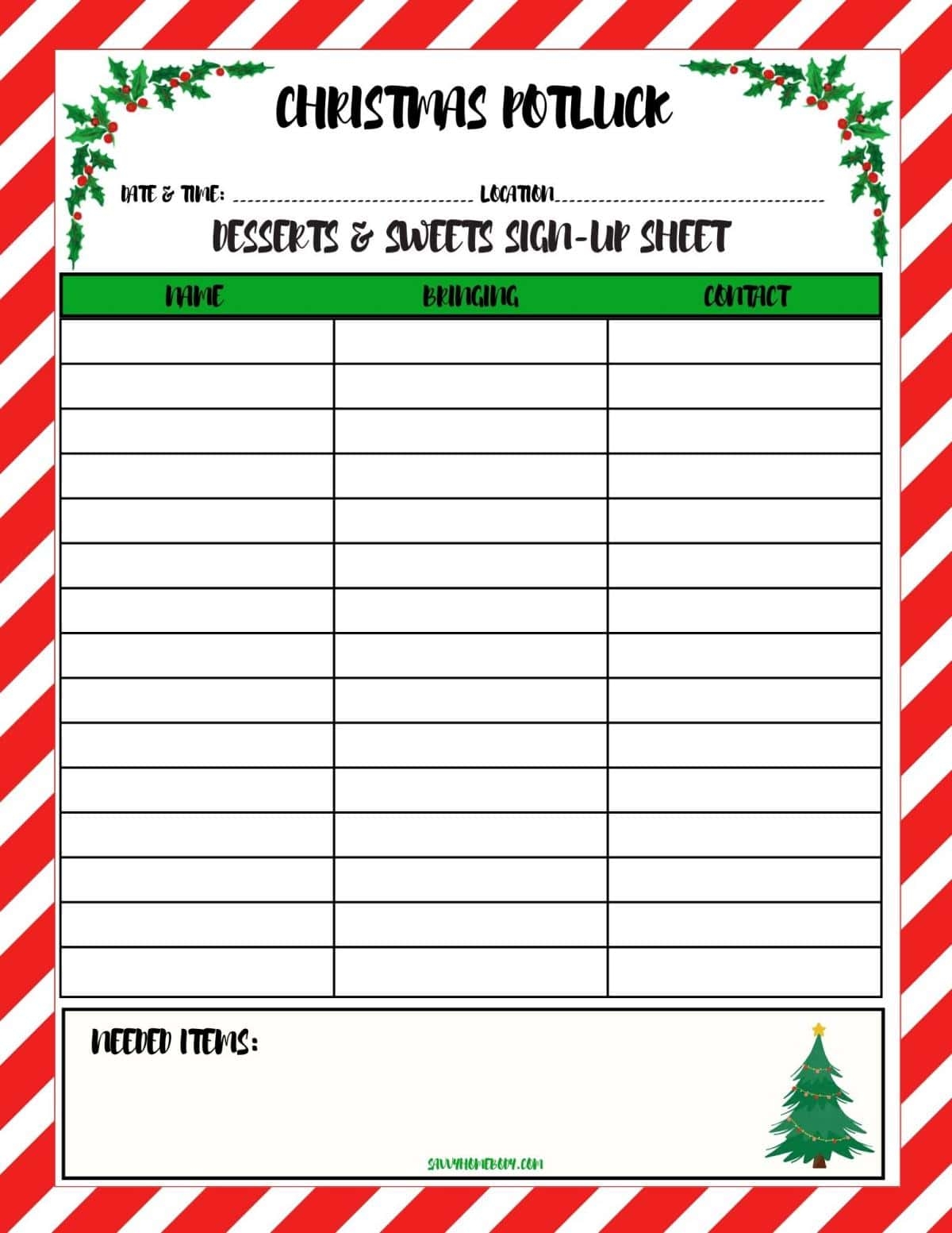 Free Printable Christmas Potluck List Template