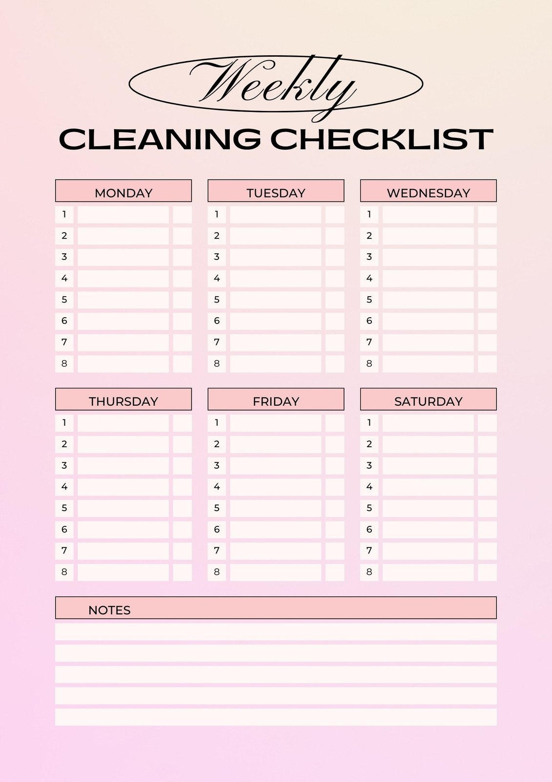 Weekly Cleaning List Template