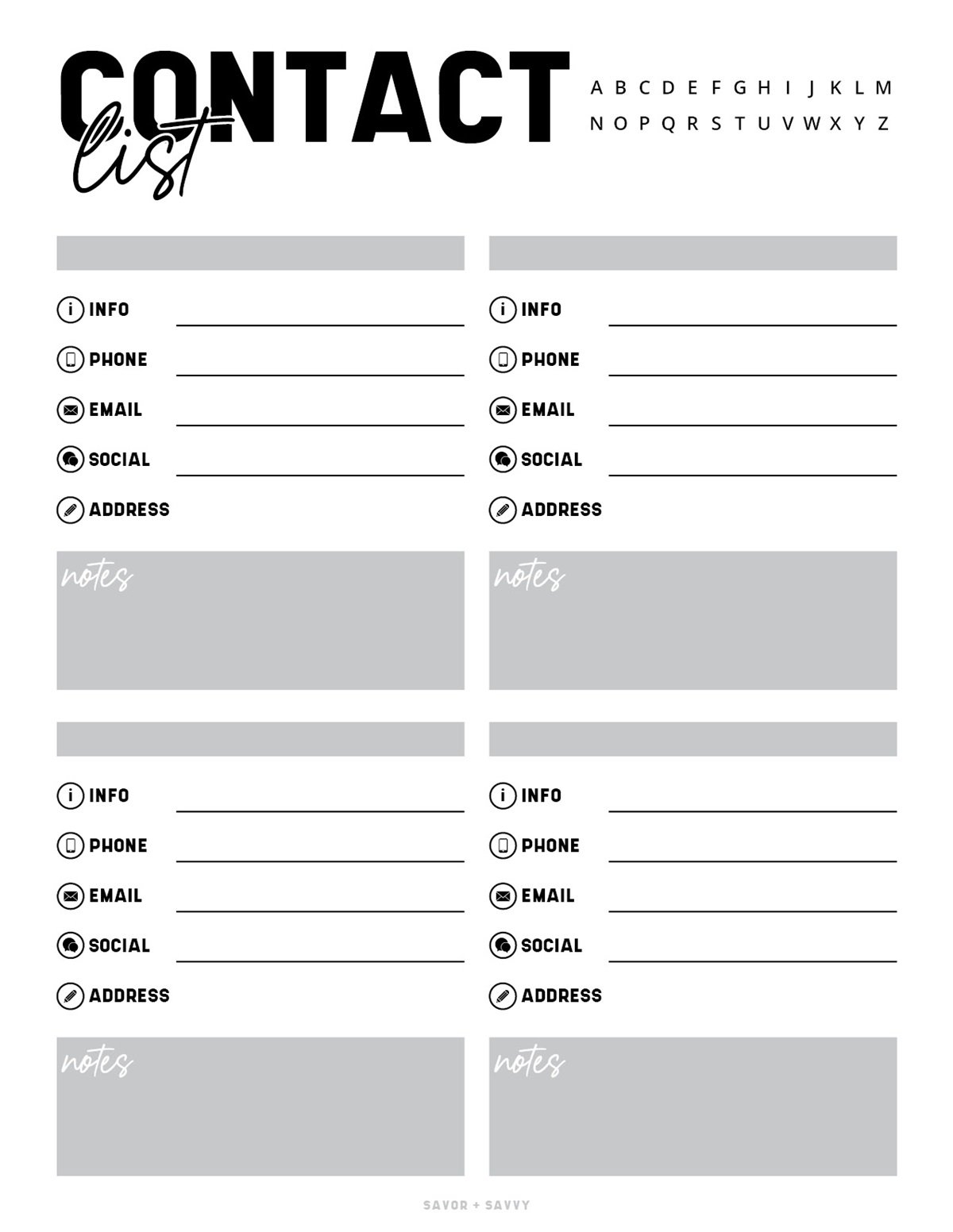 Free Printable Contact List Templates Savor Savvy Free Printable Contact List Templates Savor Savvy