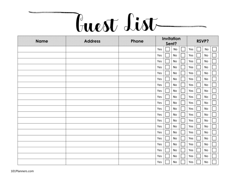 FREE Printable Guest List Template Customize Online