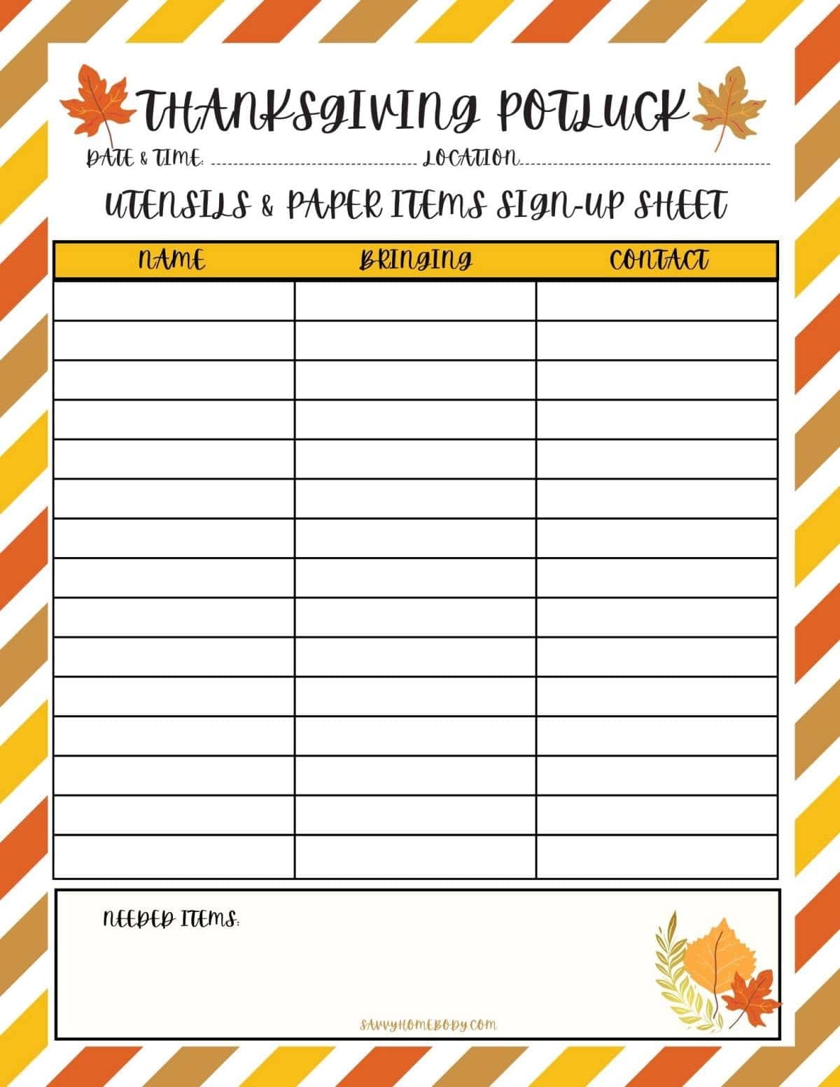 Free Printable Thanksgiving Potluck Sign Up Sheets