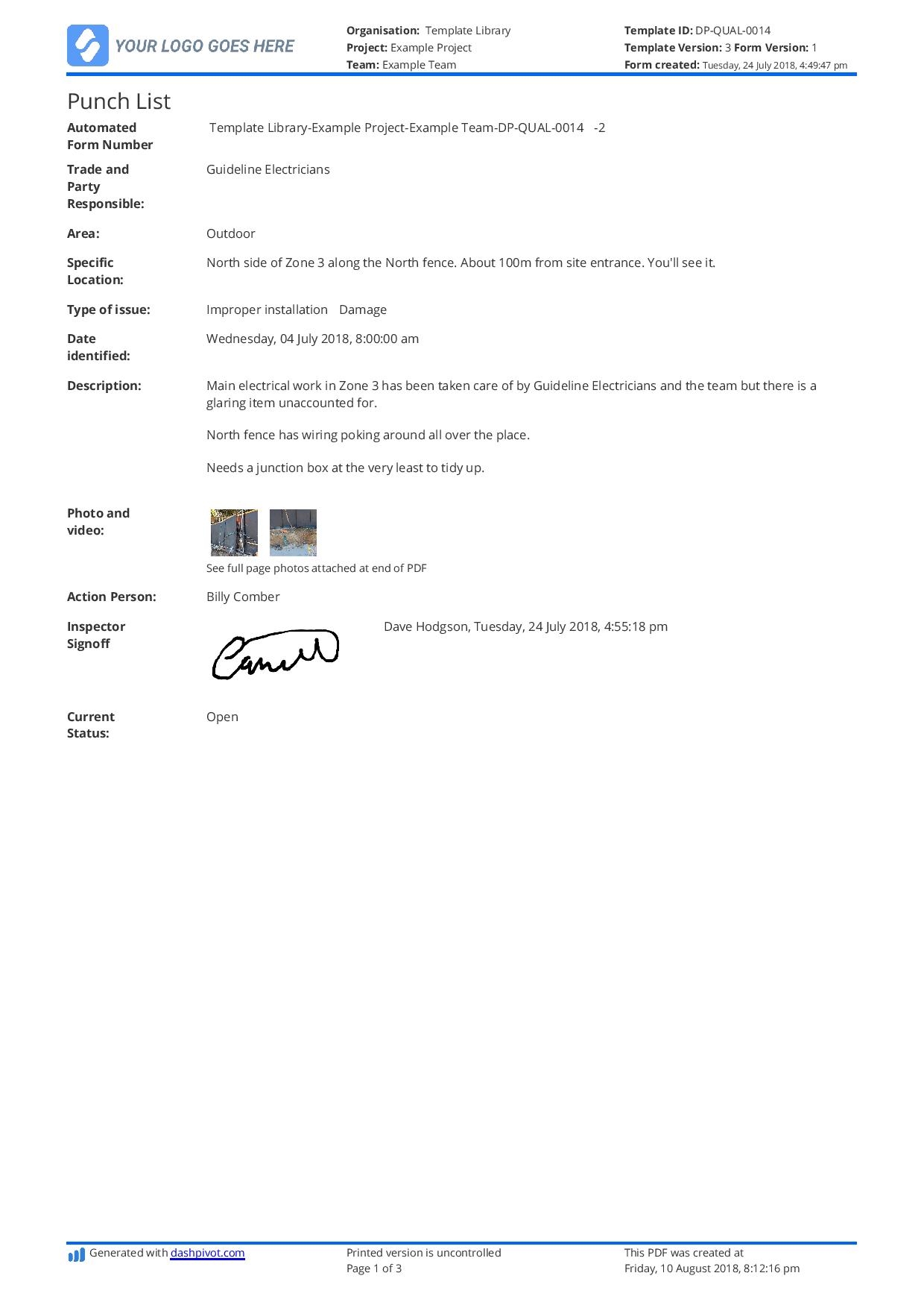 Punch List Construction Template