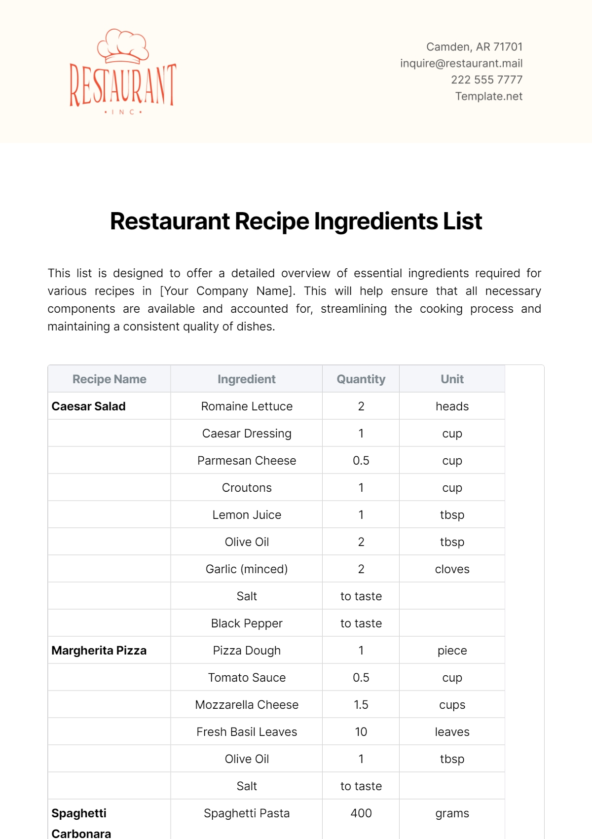Free Restaurant Recipe Ingredients List Template To Edit Online