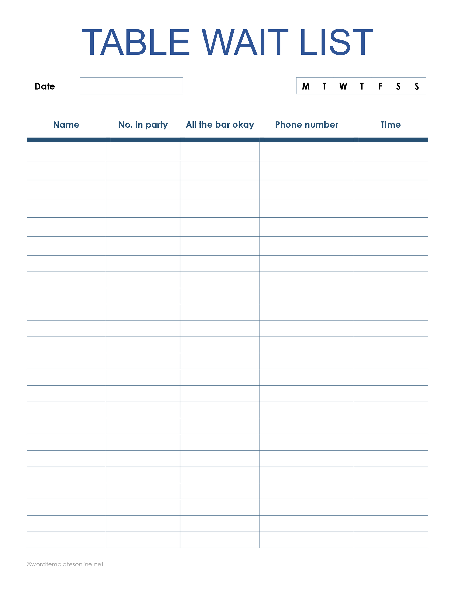 Free Restaurant Waitlist Templates Excel Word