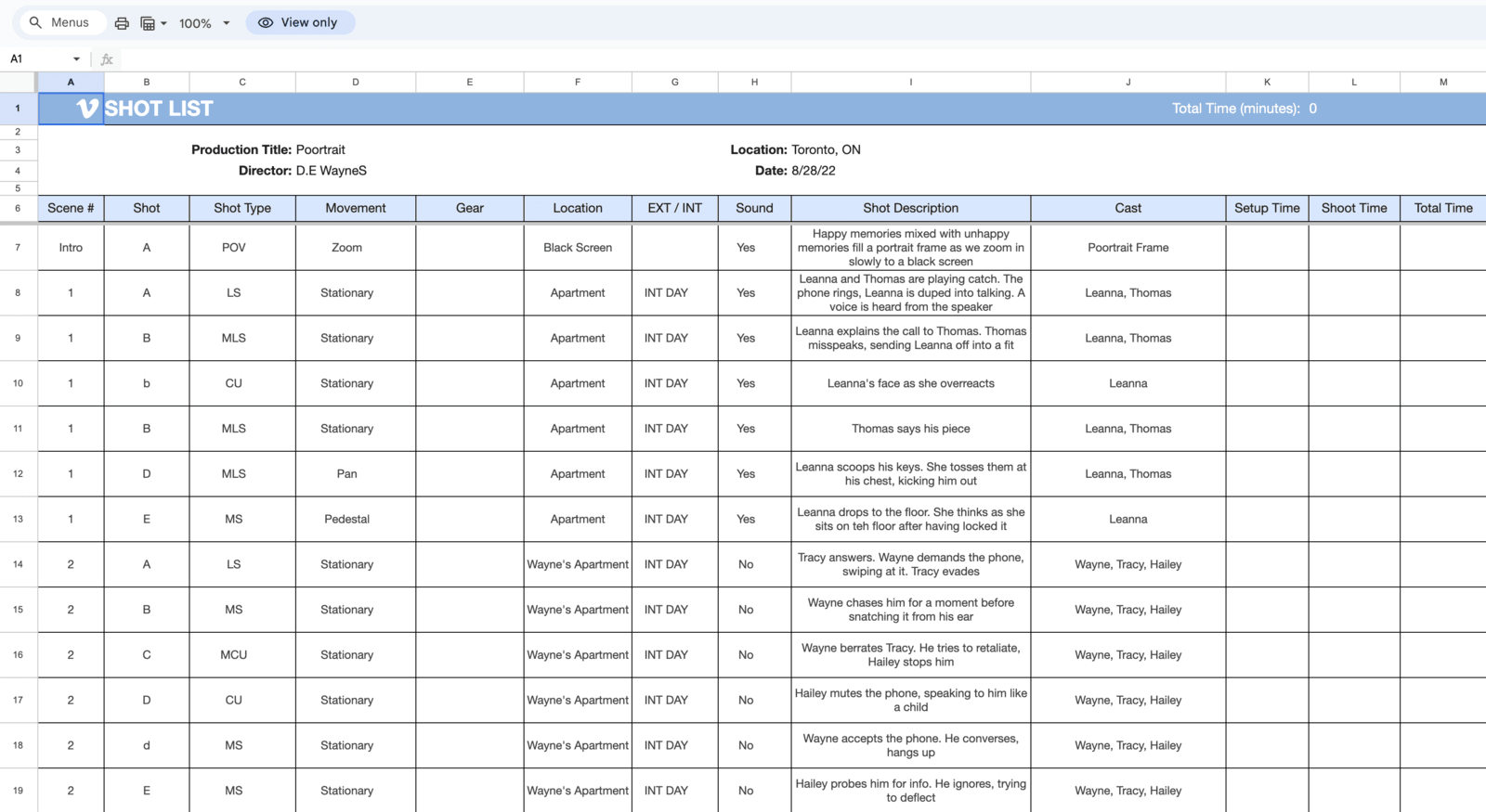 Free Shot List Template Download Google Sheets Excel Word And 
