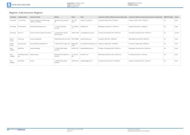 Free Subcontractor Register Template Better Than Excel And Editable
