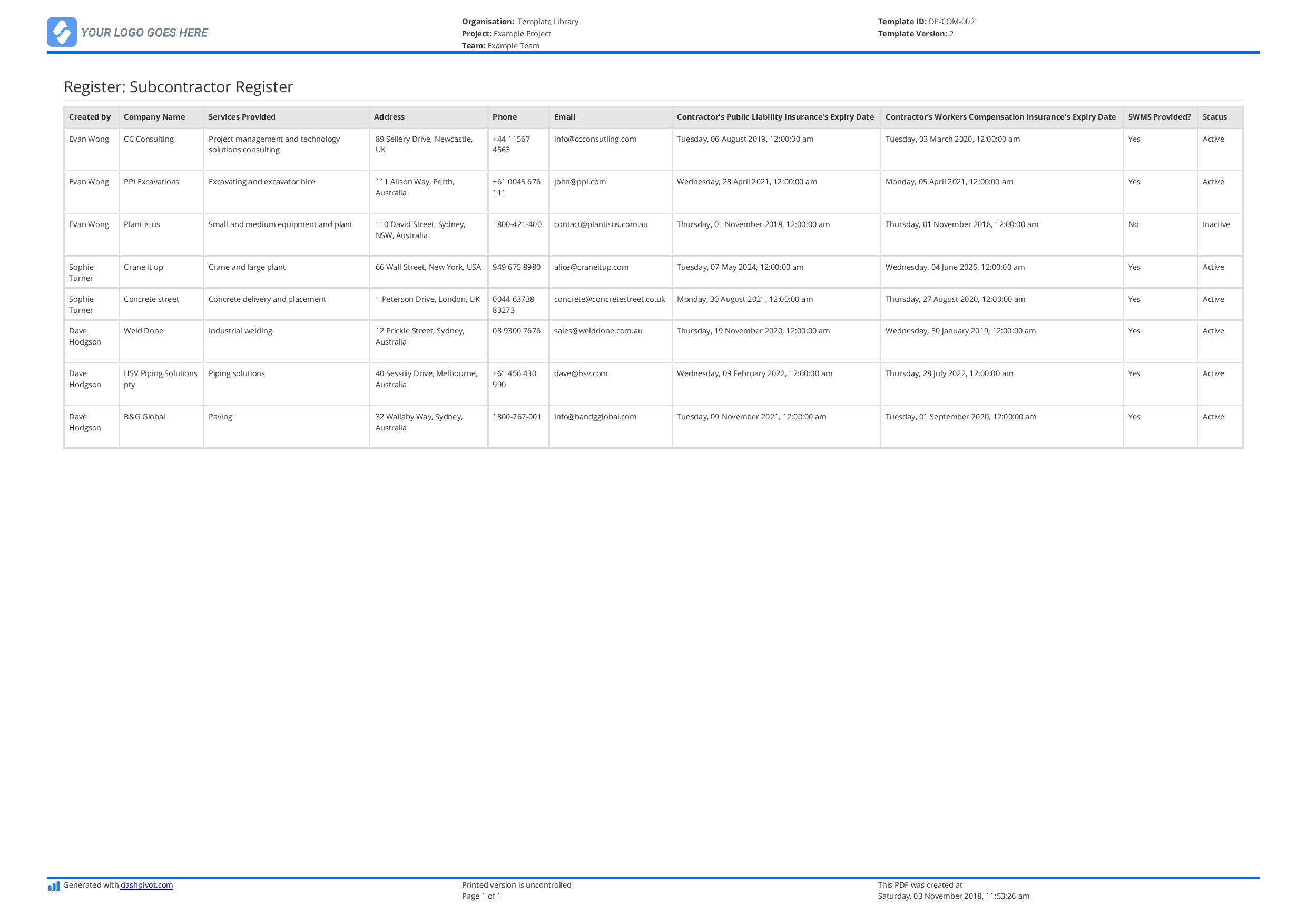 Free Subcontractor Register Template Better Than Excel And Editable