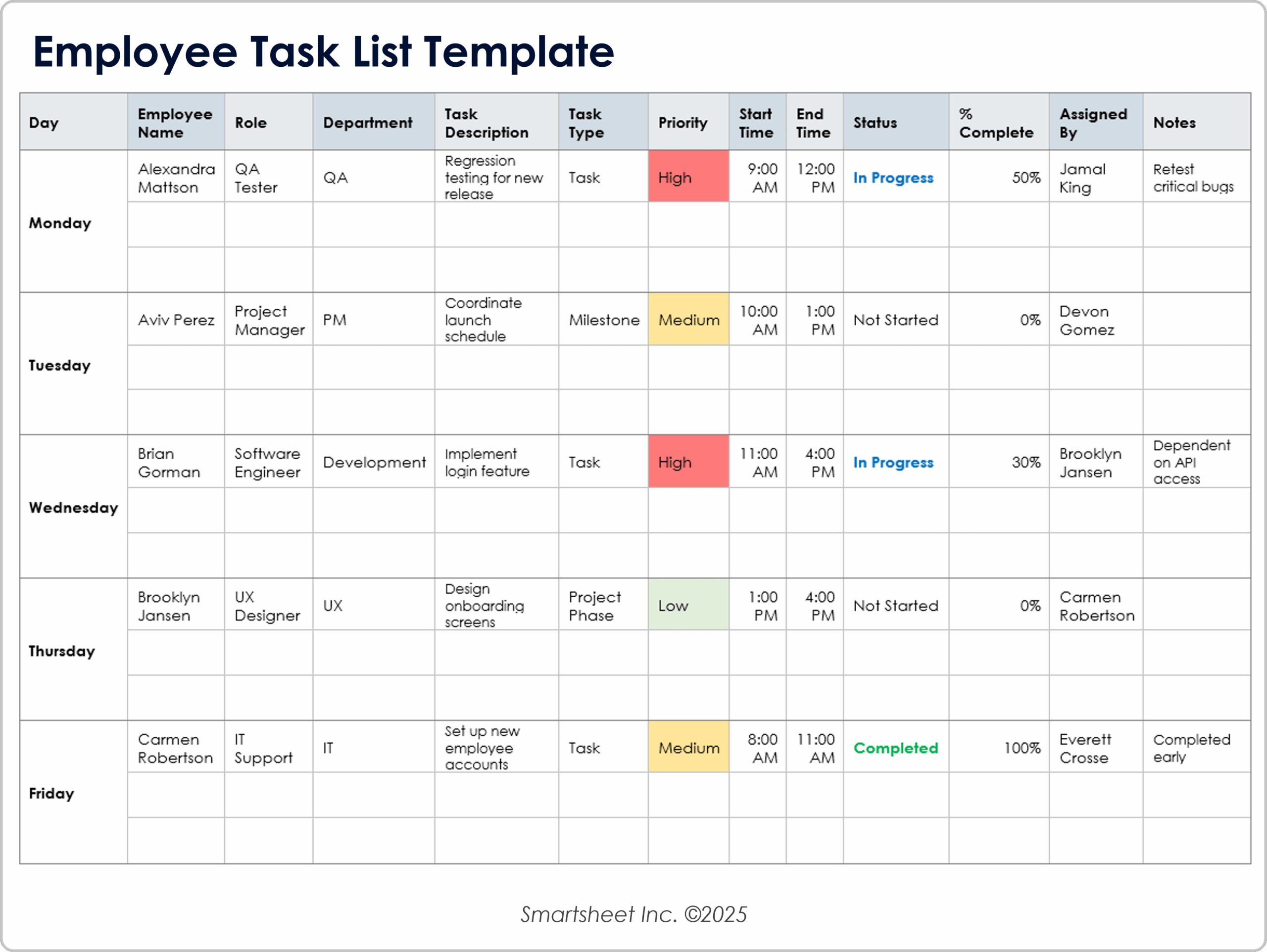 Daily Task Employee Task List Template