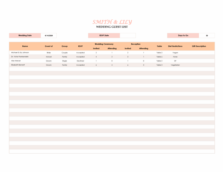 Free Wedding Guest Planner Excel GSheets WordLayouts