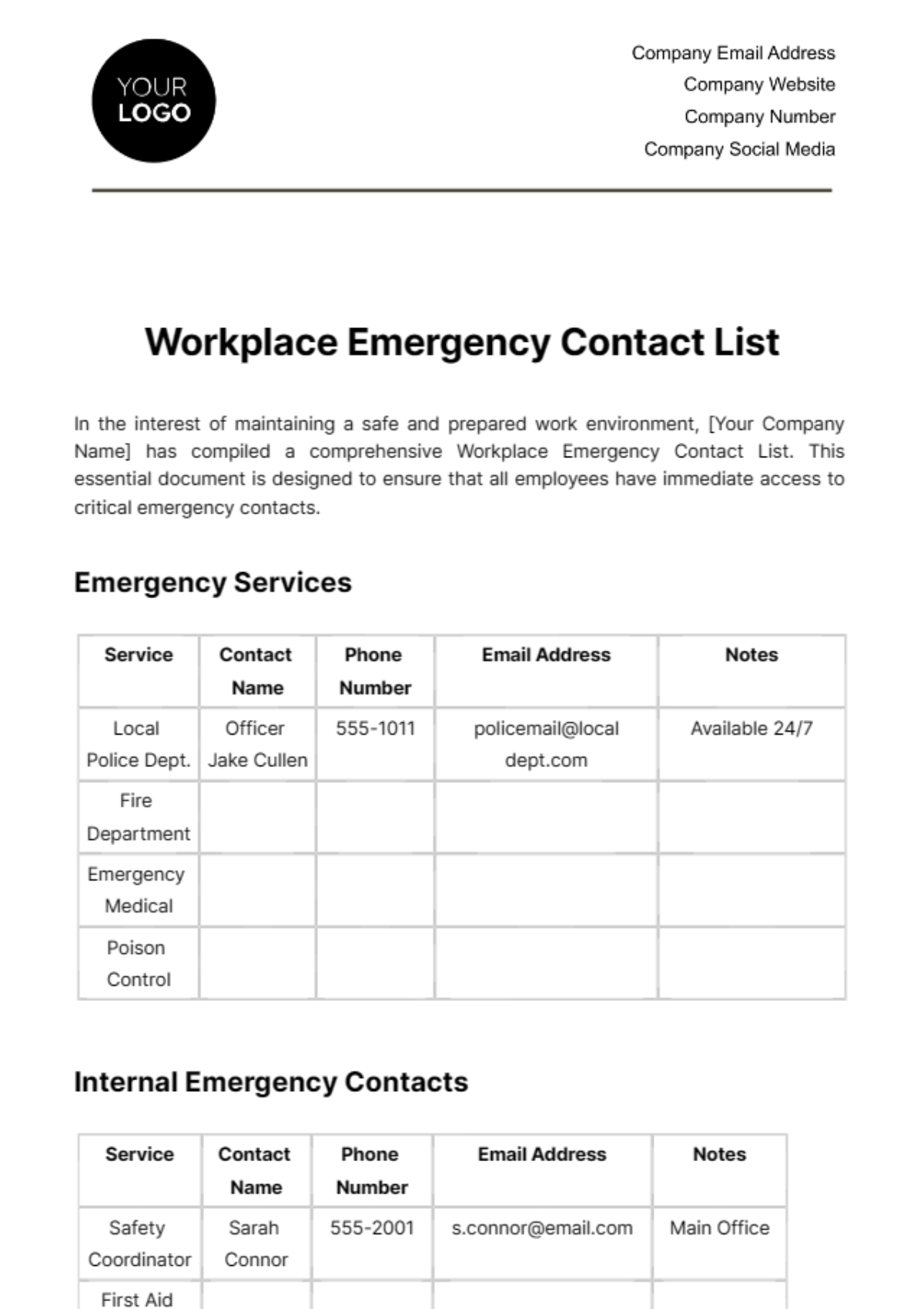 Free Workplace Emergency Contact List Template To Edit Online