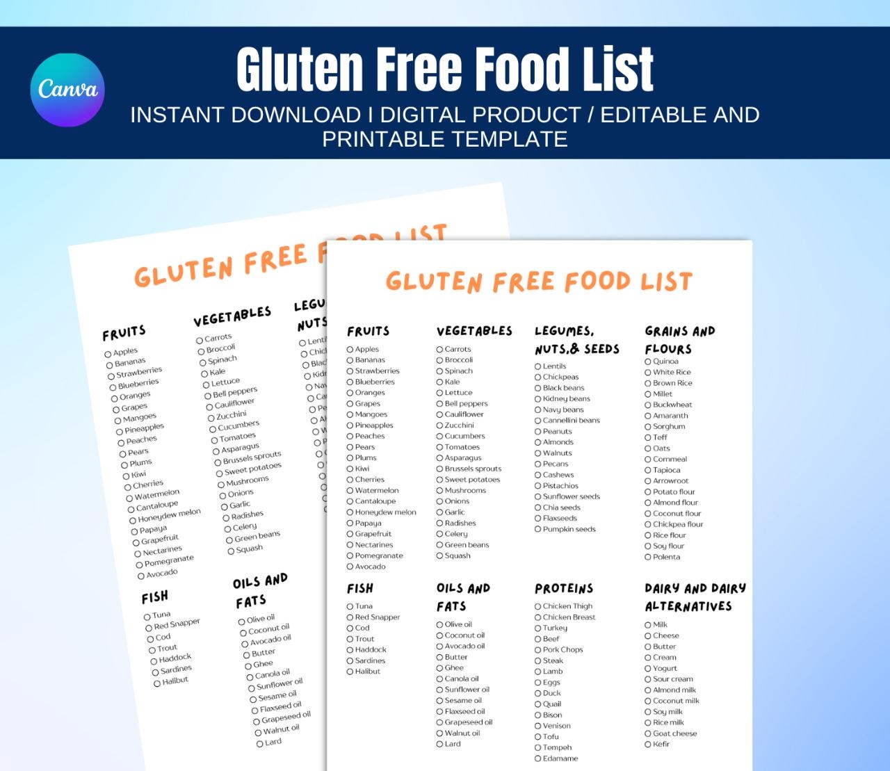 Gluten Free Food List Gluten Free Products Gluten Sensitivity Gluten Free Meal Planner Gluten Free Diet Template Etsy
