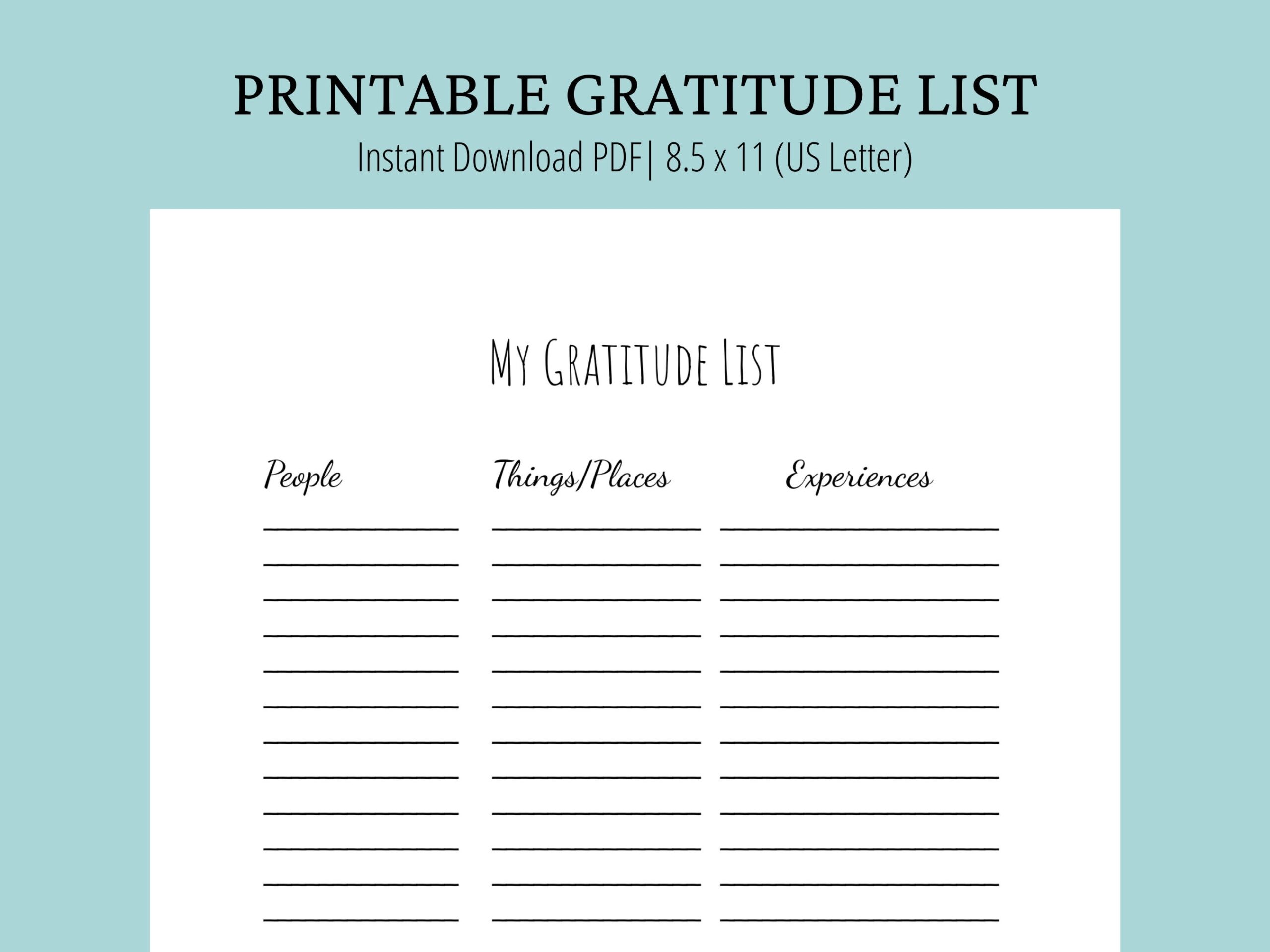 Gratitude List Printable Printable PDF Self Care Printable Digital Download