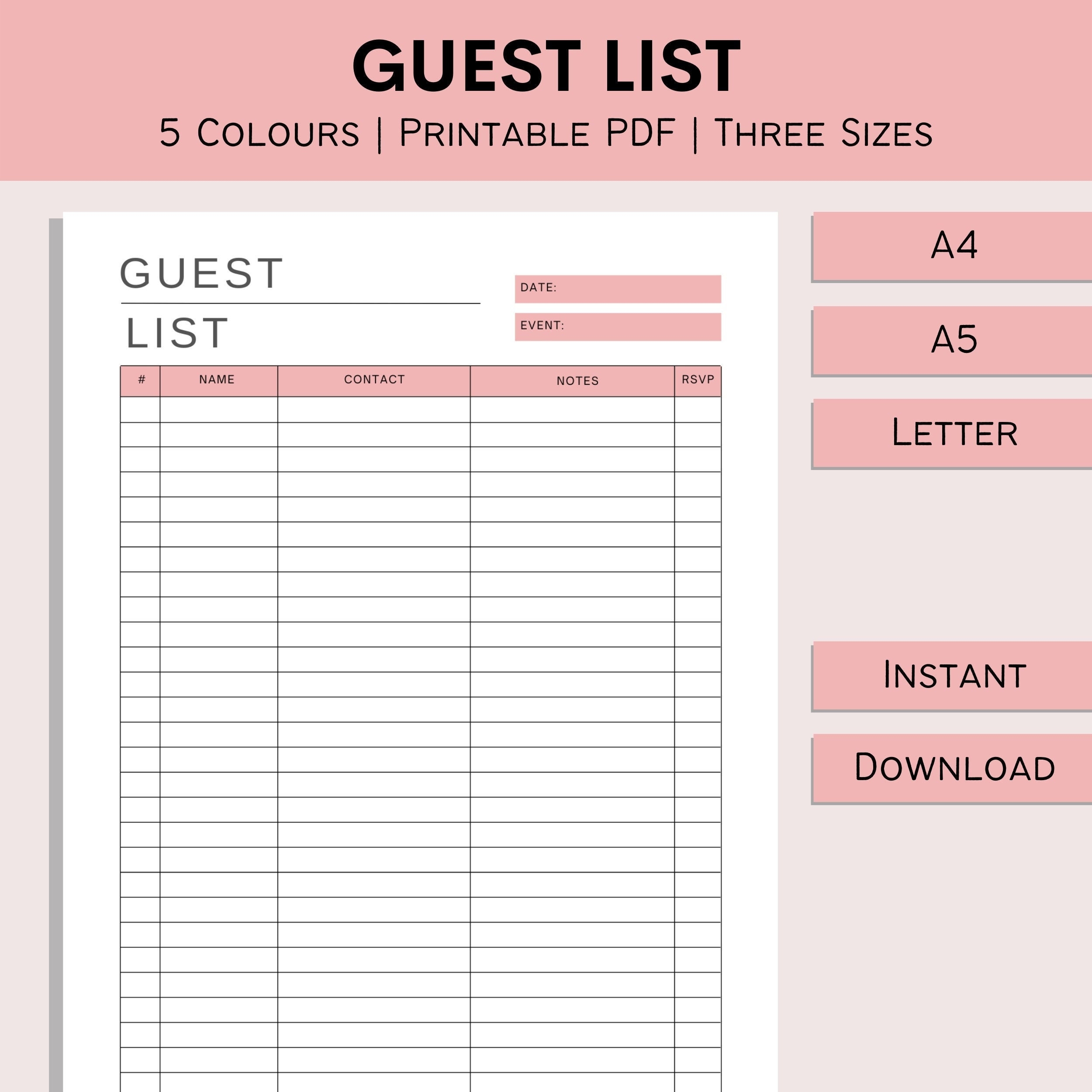 Guest List Guest List Tracker Printable Guest Sheet Event 