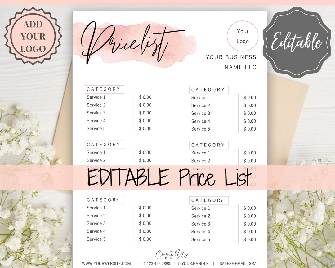 Hair PRICE LIST Template Editable Printable Price Sheet Price Guide Salon Hairdresser Beauty Pink Watercolor Custom Menu Pricing Etsy